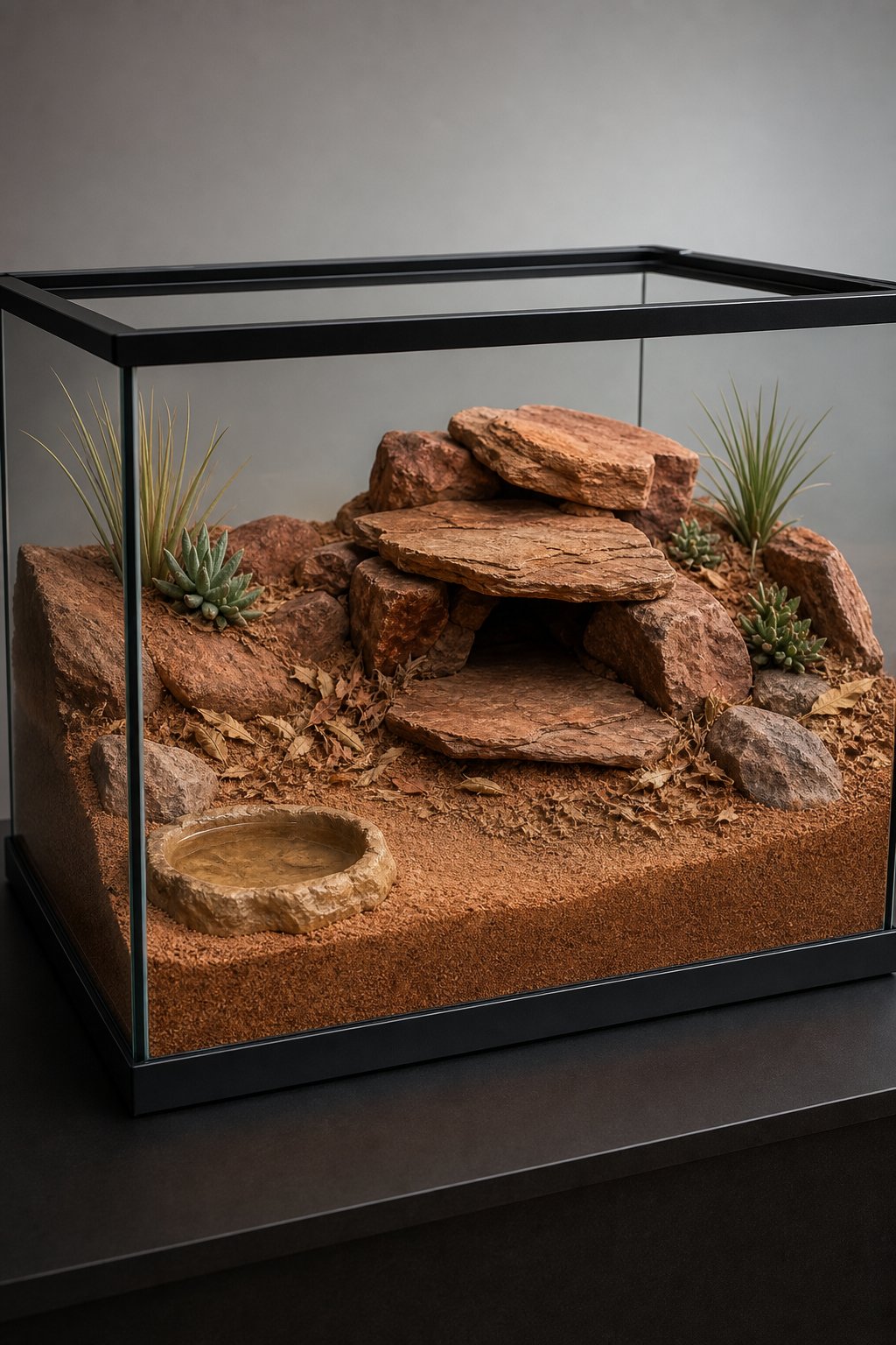 A desert-themed tarantula enclosure with sandy substrate, layered rocks, sparse vegetation, and a shallow water dish.