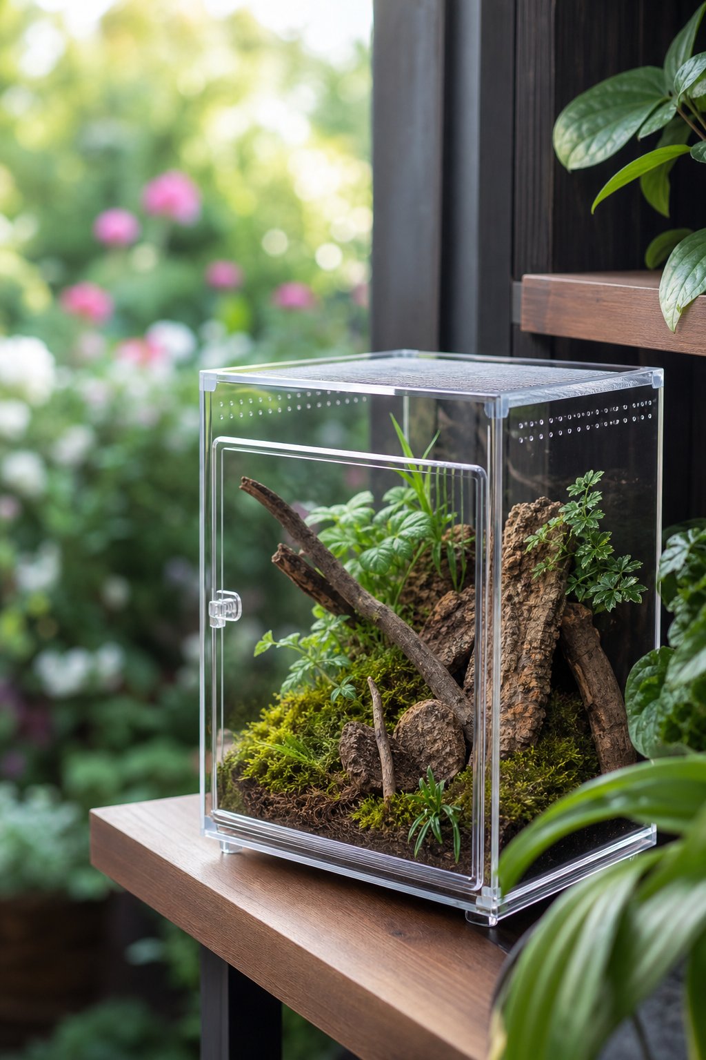 A clear jumping spider enclosure sits on a shelf beside a lush garden.