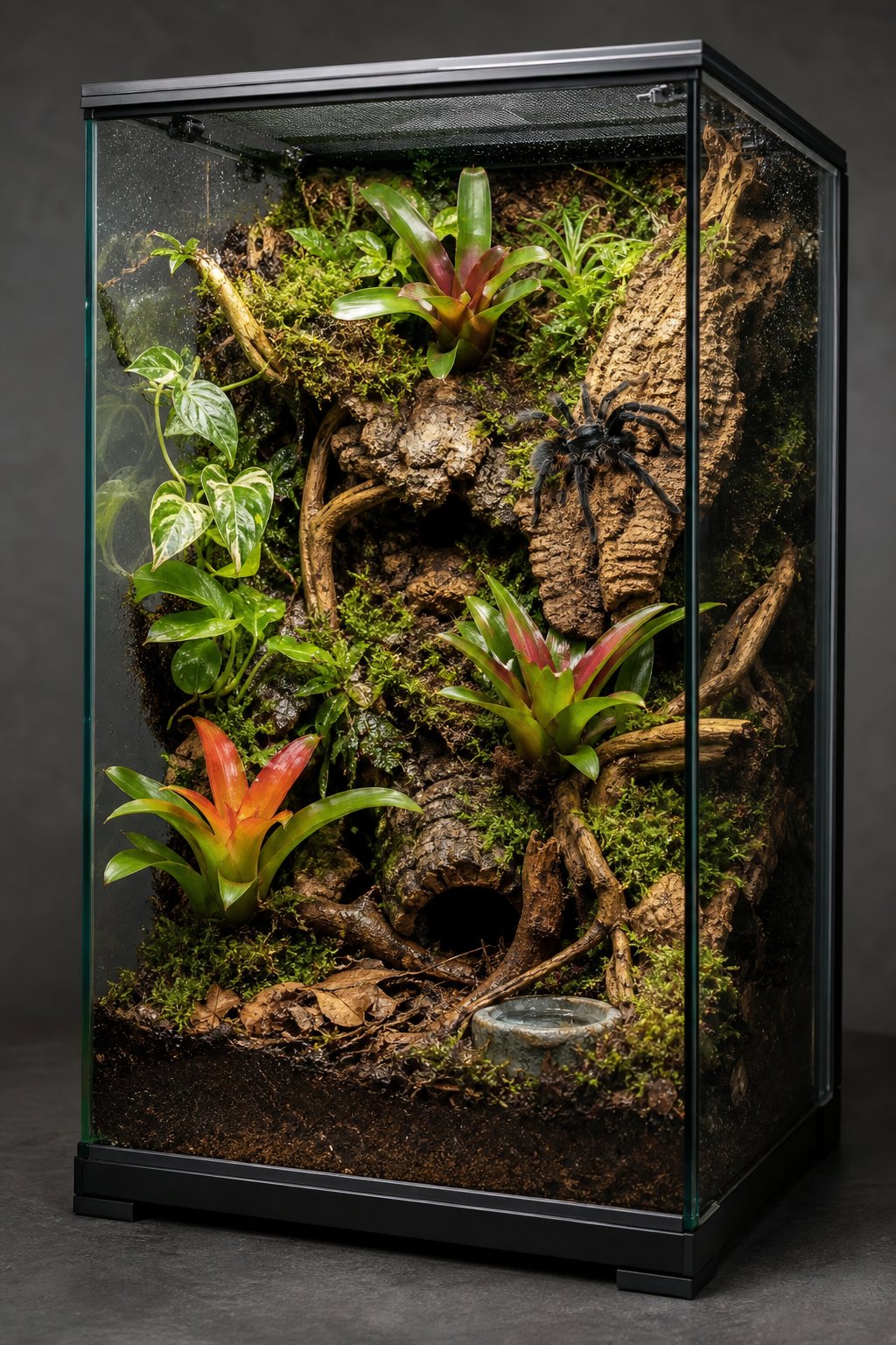 A lush tropical glass vivarium with bromeliad-like plants, cork bark, moss, and a dark tarantula resting on a branch.
