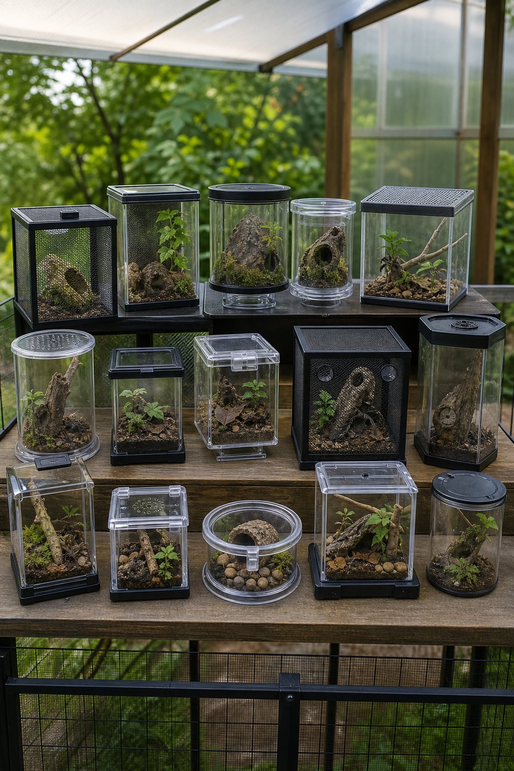 A secure outdoor display table holds fifteen varied jumping spider enclosures with plants, branches, and protective features.