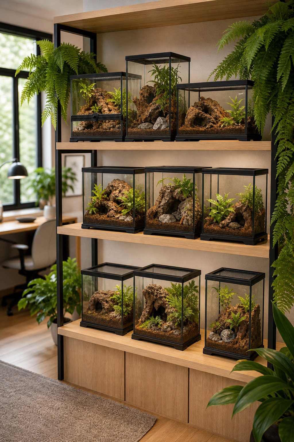 A fern-framed shelf in a garden office displaying several planted glass tarantula enclosures.