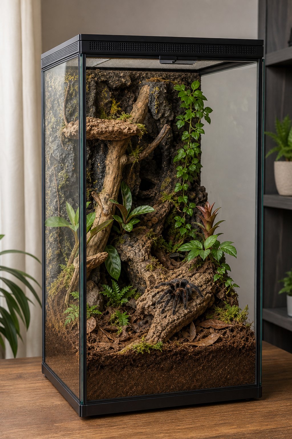 A tarantula rests inside a planted arboreal terrarium with a textured rock background and climbing branches.
