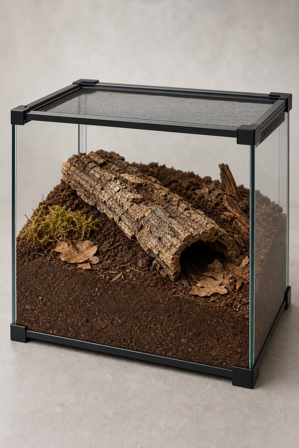 A glass terrarium with deep soil, cork bark, moss, and leaves arranged as a sheltered burrowing habitat.