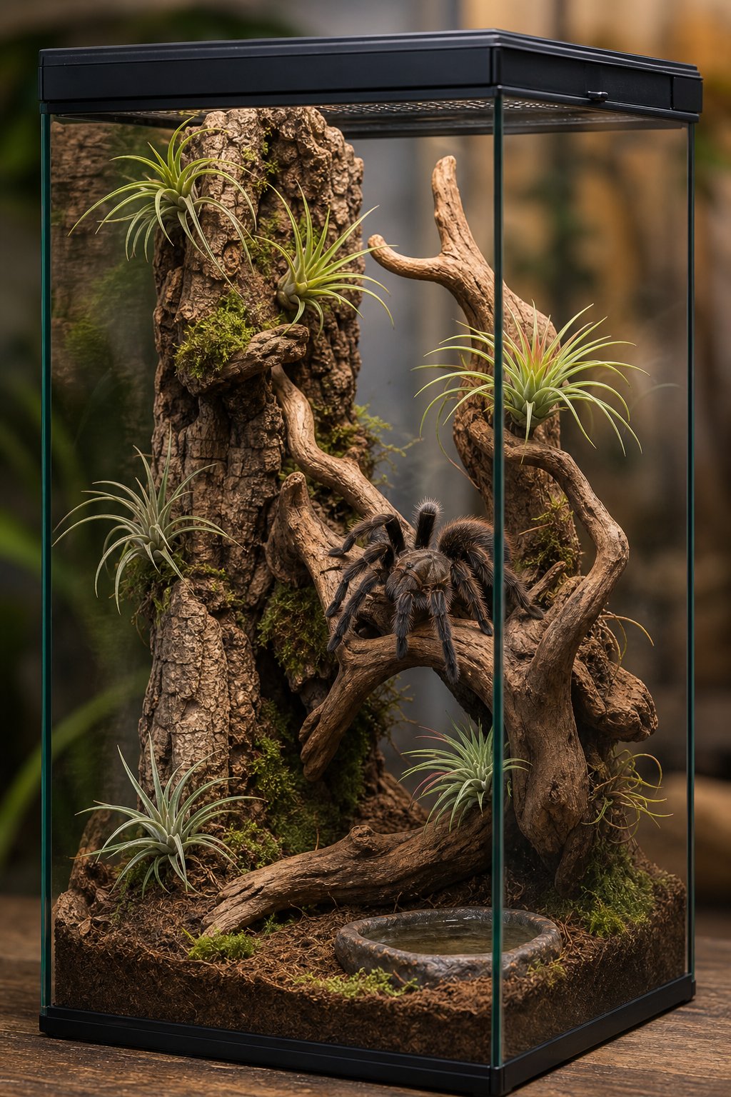 A tarantula rests on spider wood among air plants inside a naturalistic glass enclosure.