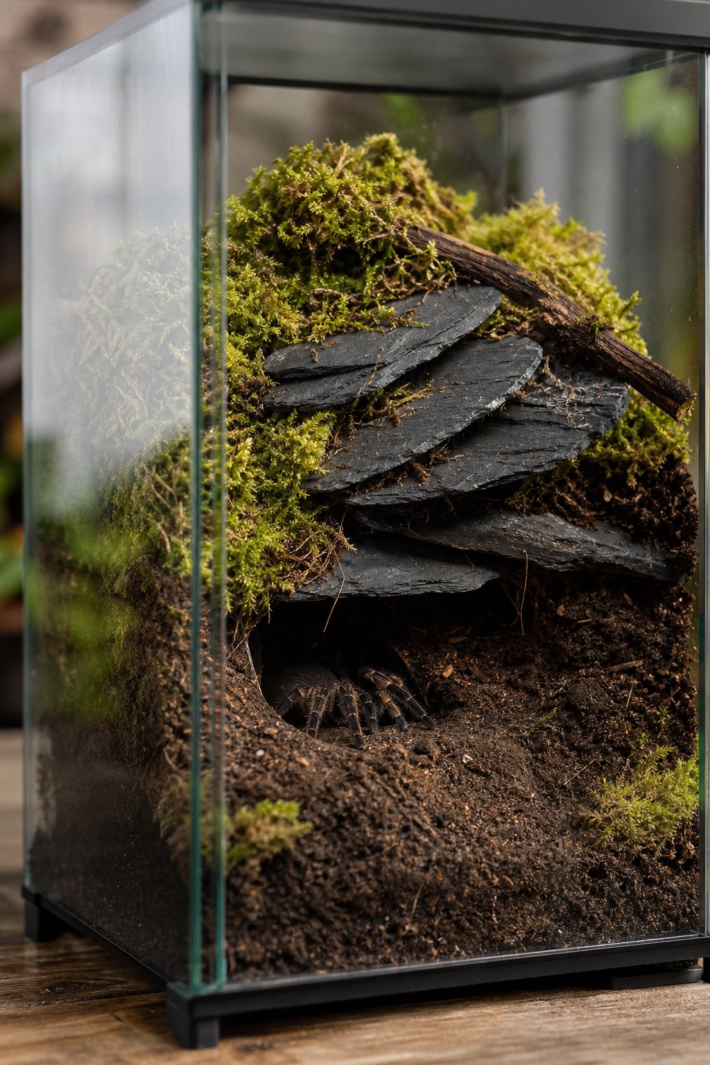 A tarantula enclosure with dark slate shelter pieces, green sphagnum moss, and deep earthy substrate.
