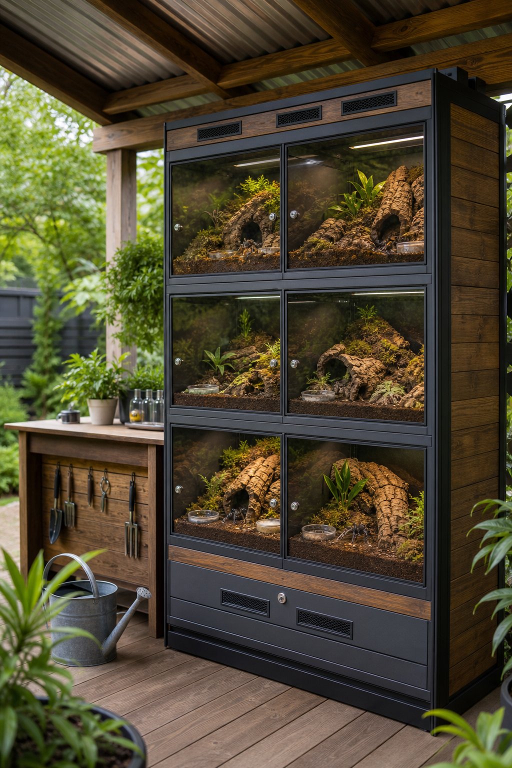 A weatherproof garden studio contains a glass-fronted cabinet with several naturalistic tarantula enclosures.