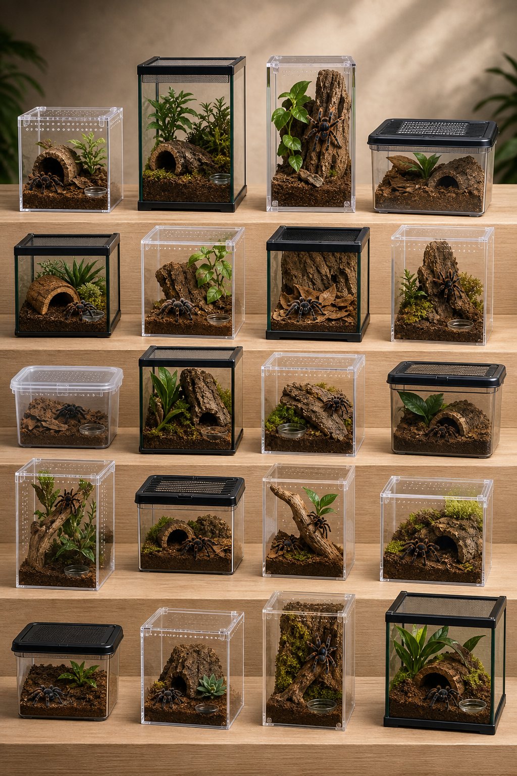 A selection of tarantula enclosures with varied habitats, plants, hides, and substrates arranged on a tabletop.
