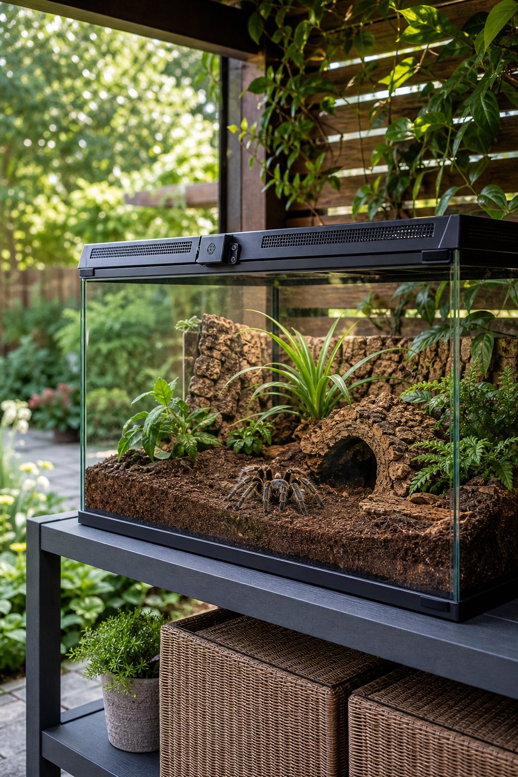 A secure tarantula terrarium sits on a sturdy shelf beside a lush garden.