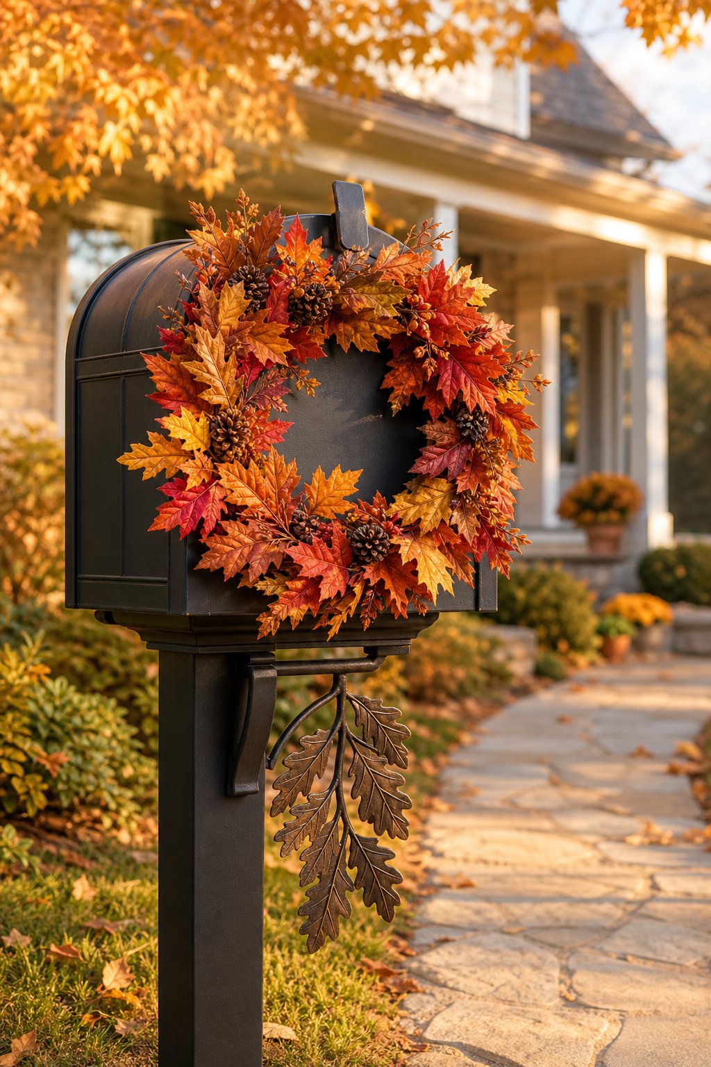 A residential mailbox decorated with a colorful autumn leaf wreath and a decorative leaf hanger.