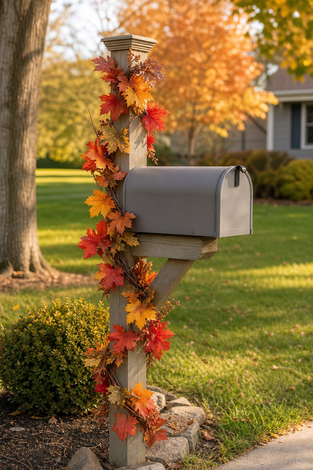 A mailbox post wrapped with a colorful autumn maple leaf garland in a residential yard.