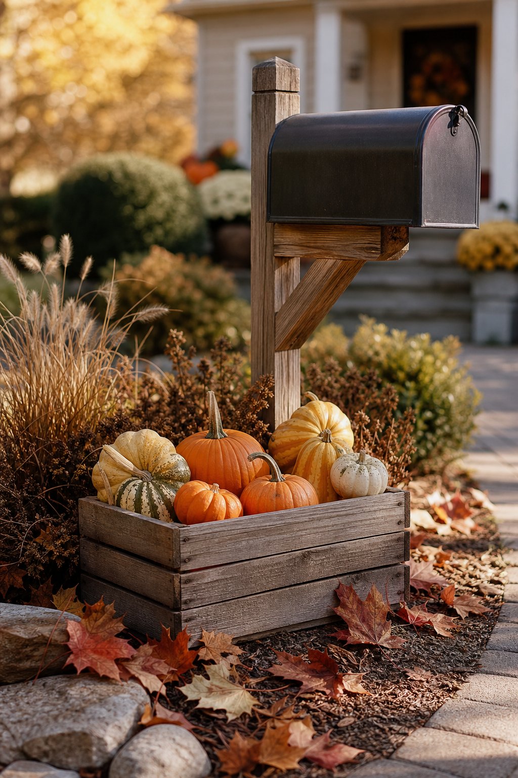 A wooden crate filled with small pumpkins and gourds sits at the base of a mailbox.