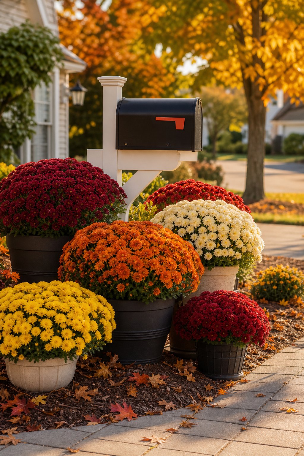 A residential mailbox surrounded by colorful autumn chrysanthemums in weatherproof planters.