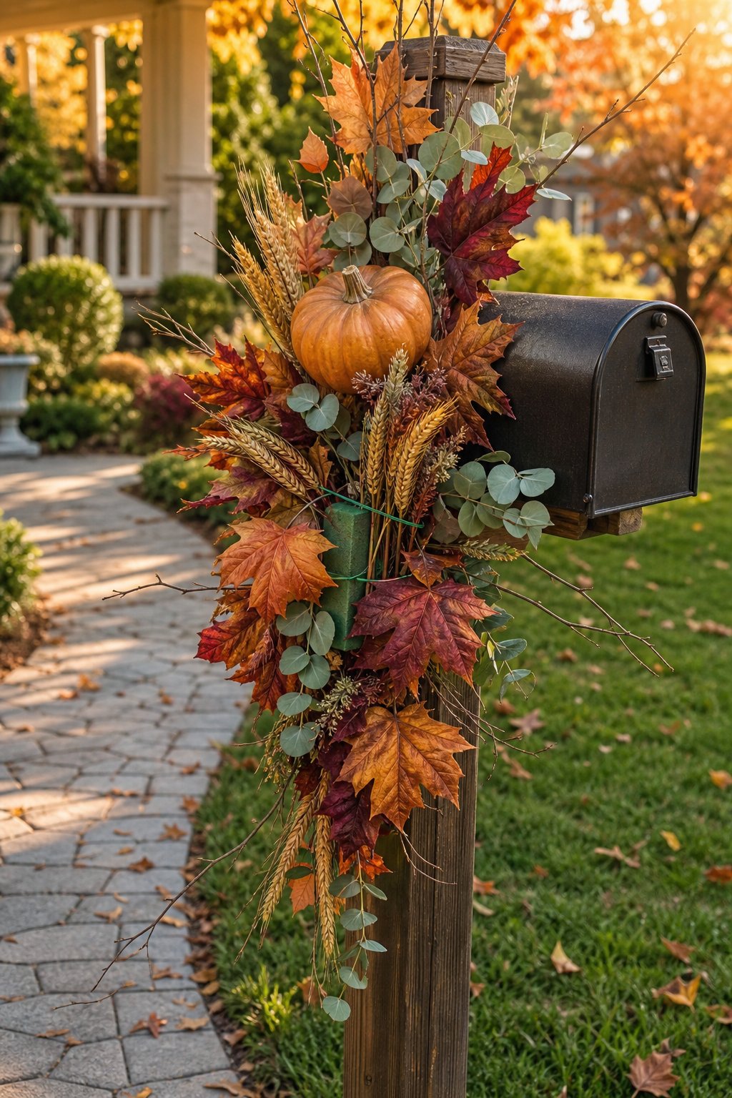 A mailbox decorated with a pumpkin, autumn leaves, wheat, and greenery.