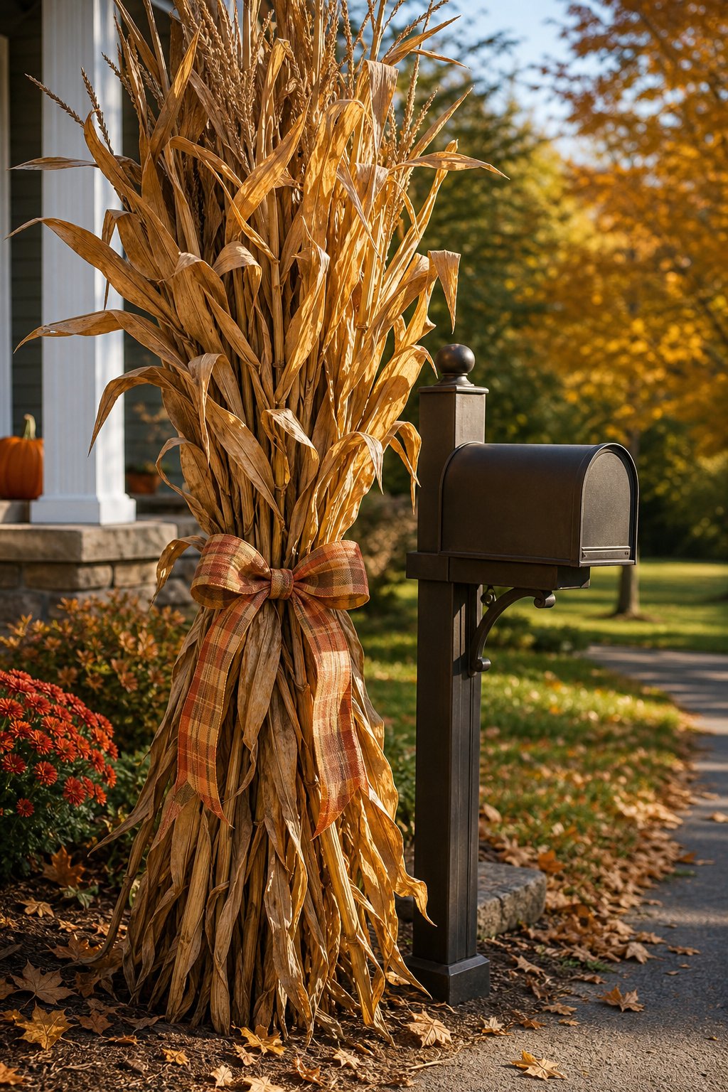 A bundle of dried corn stalks tied with a rustic ribbon beside a residential mailbox.
