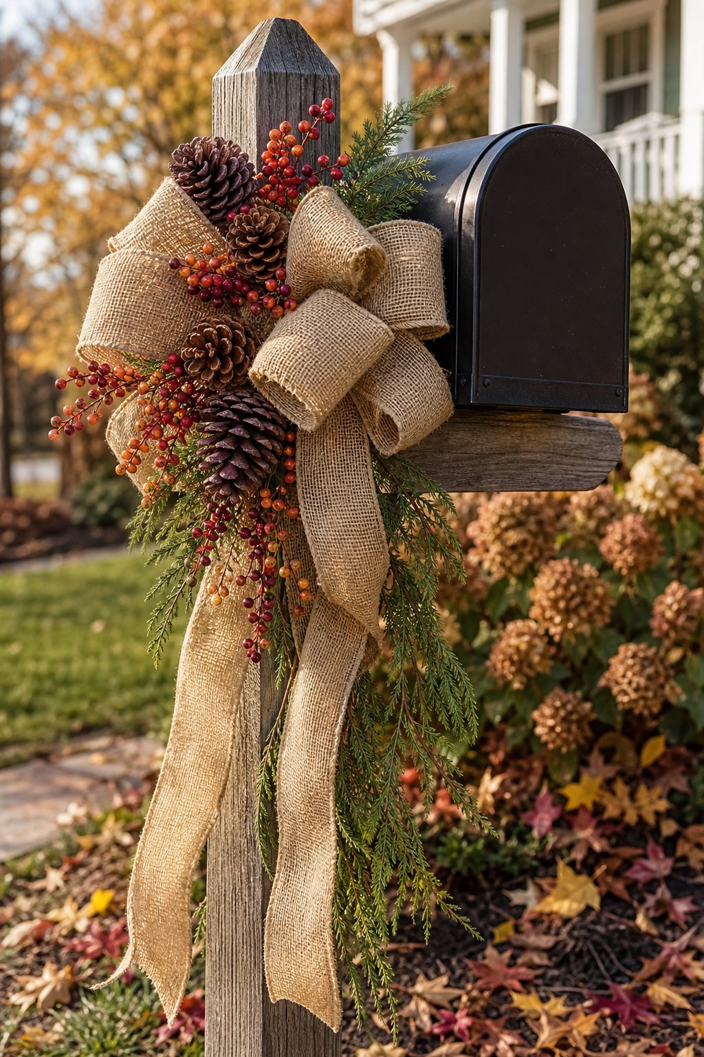A residential mailbox decorated with a burlap bow, pinecones, and autumn berries.
