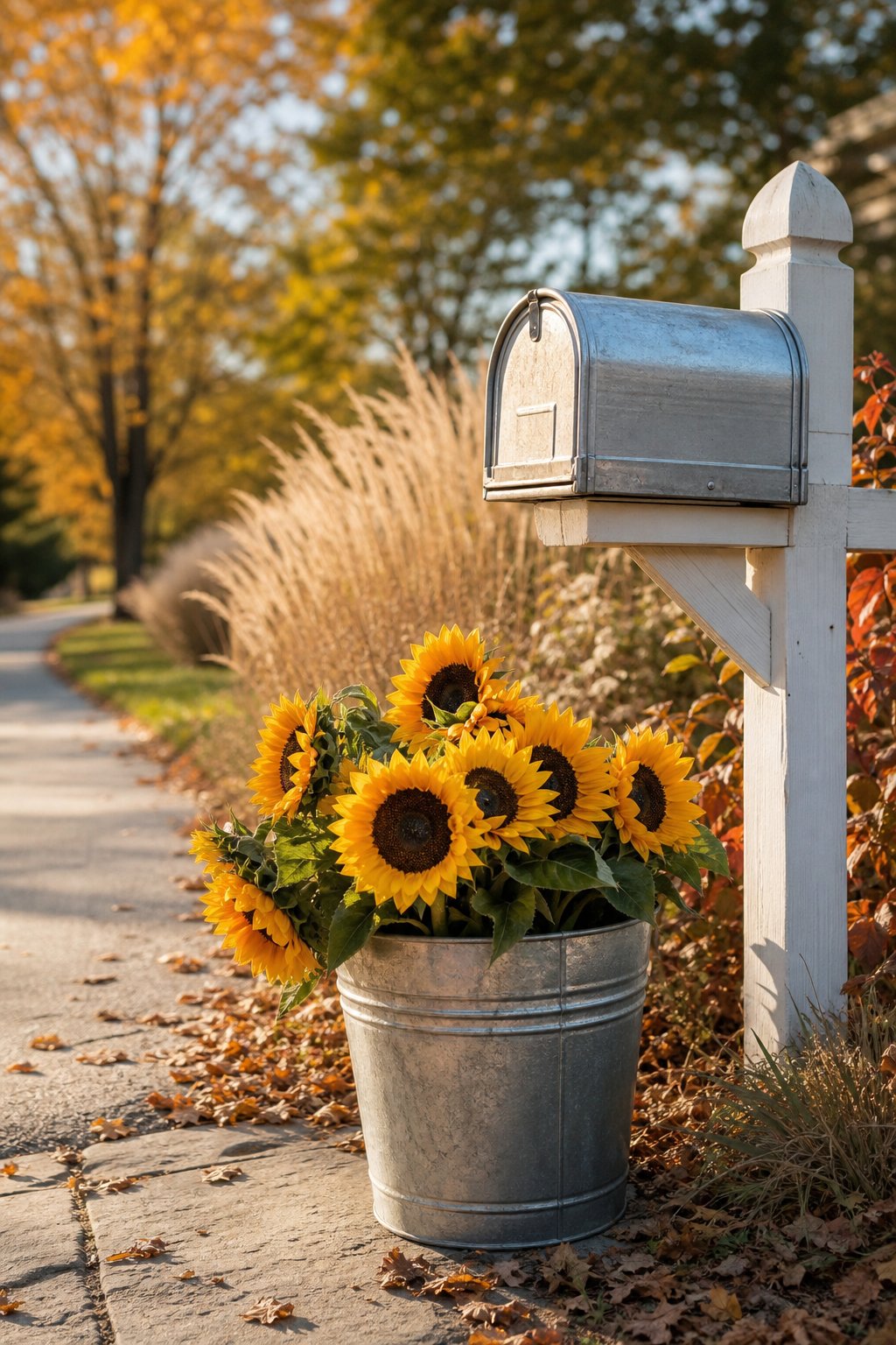 A galvanized bucket of sunflowers sits beside a rural mailbox post in an autumn landscape.