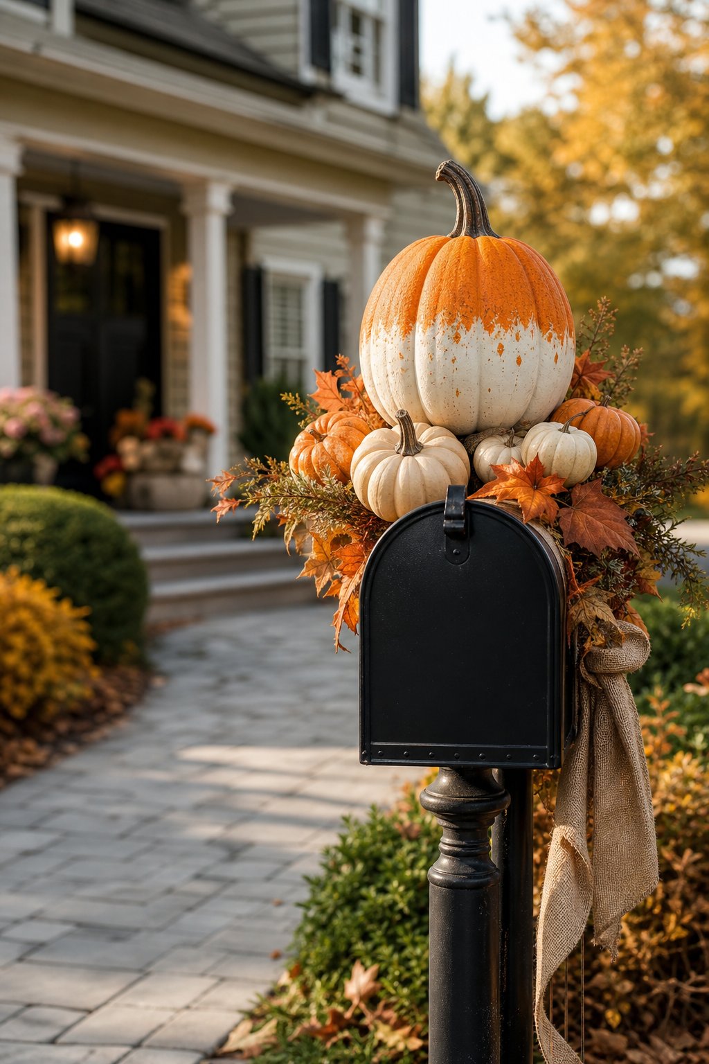 A mailbox decorated with orange and white faux pumpkins and autumn foliage.
