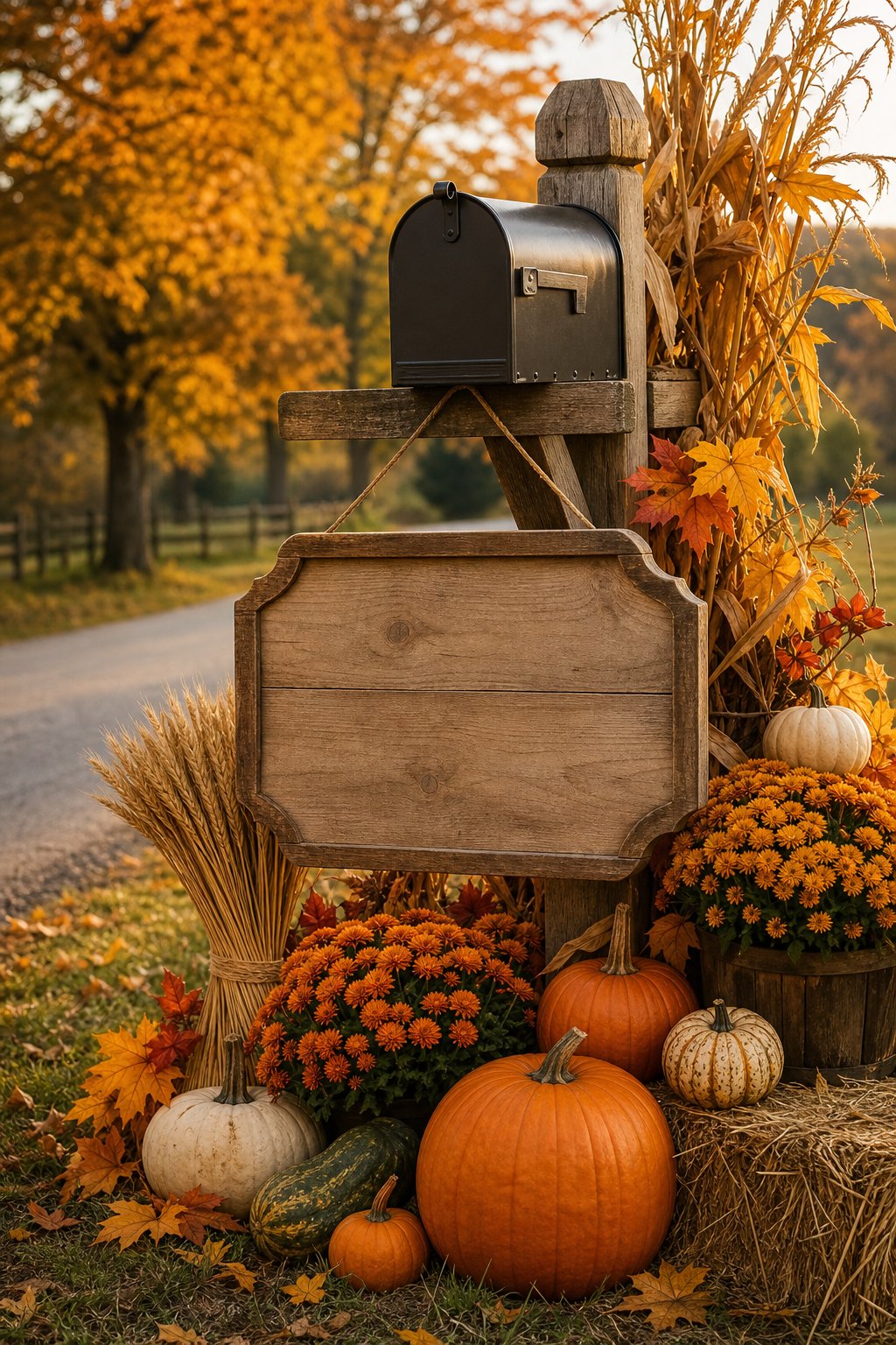 A rustic wooden sign and mailbox surrounded by pumpkins, flowers, corn stalks, and autumn leaves.