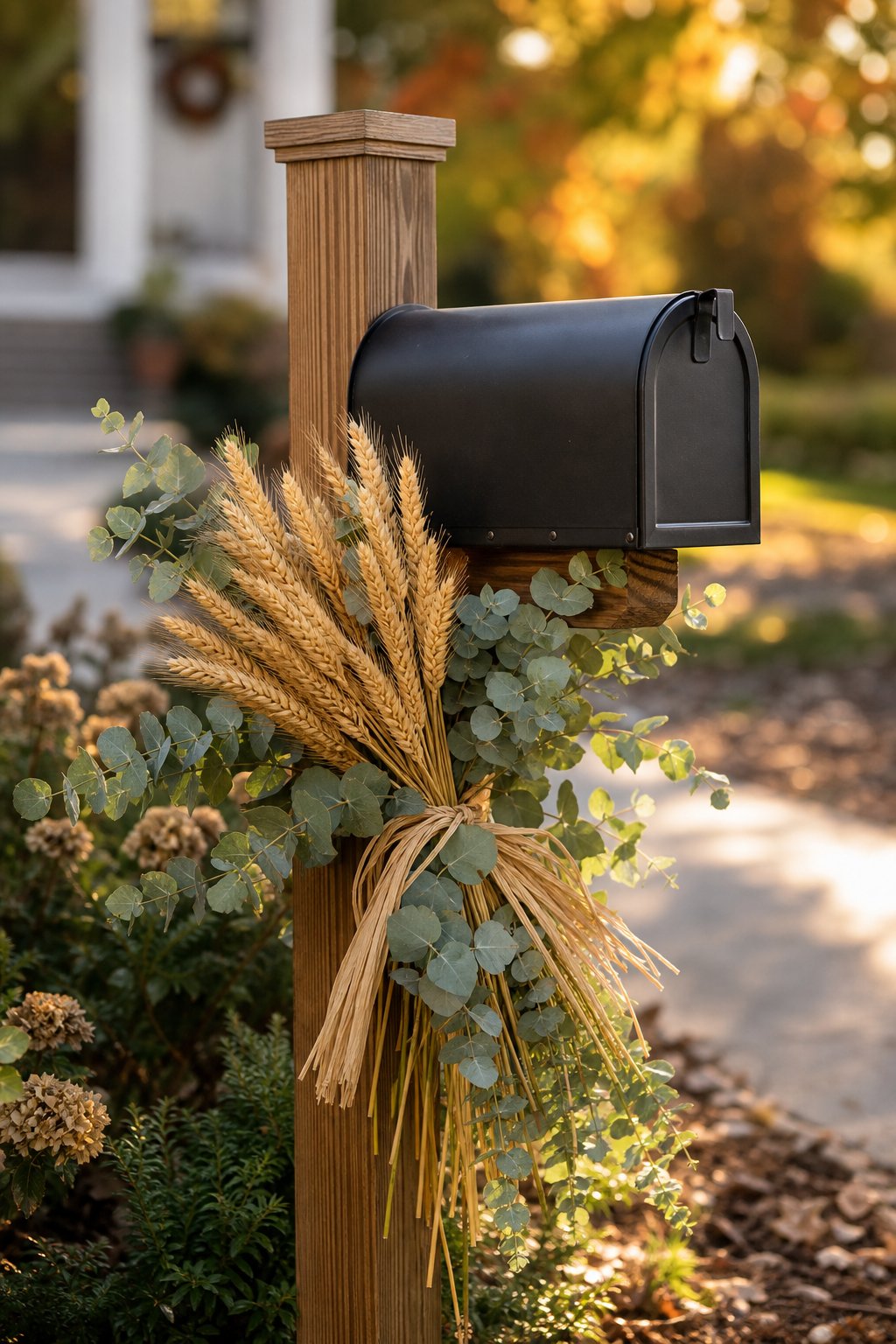 A mailbox decorated with a bundle of dried wheat and eucalyptus leaves in an autumn setting.