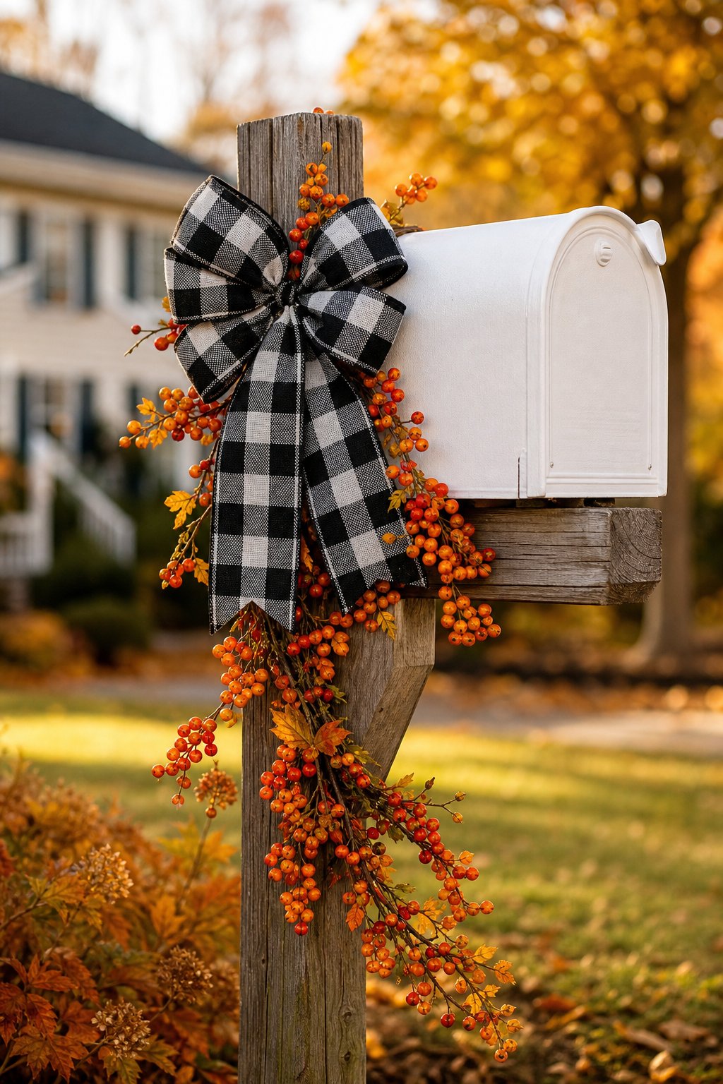 A residential mailbox decorated with a black buffalo-check bow and orange berry garland.