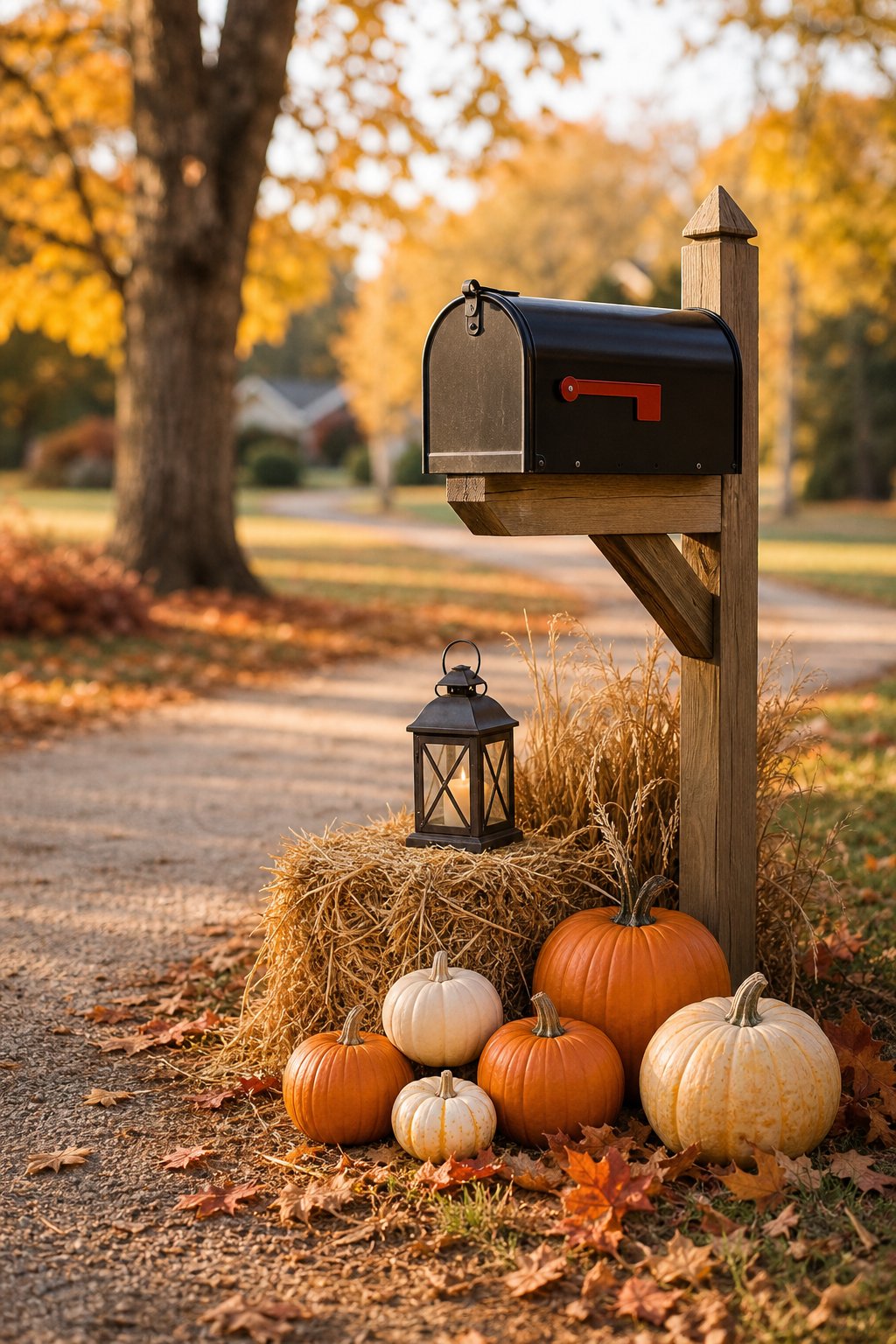 A rural mailbox decorated with a hay bale, lantern, and pumpkins in an autumn yard.