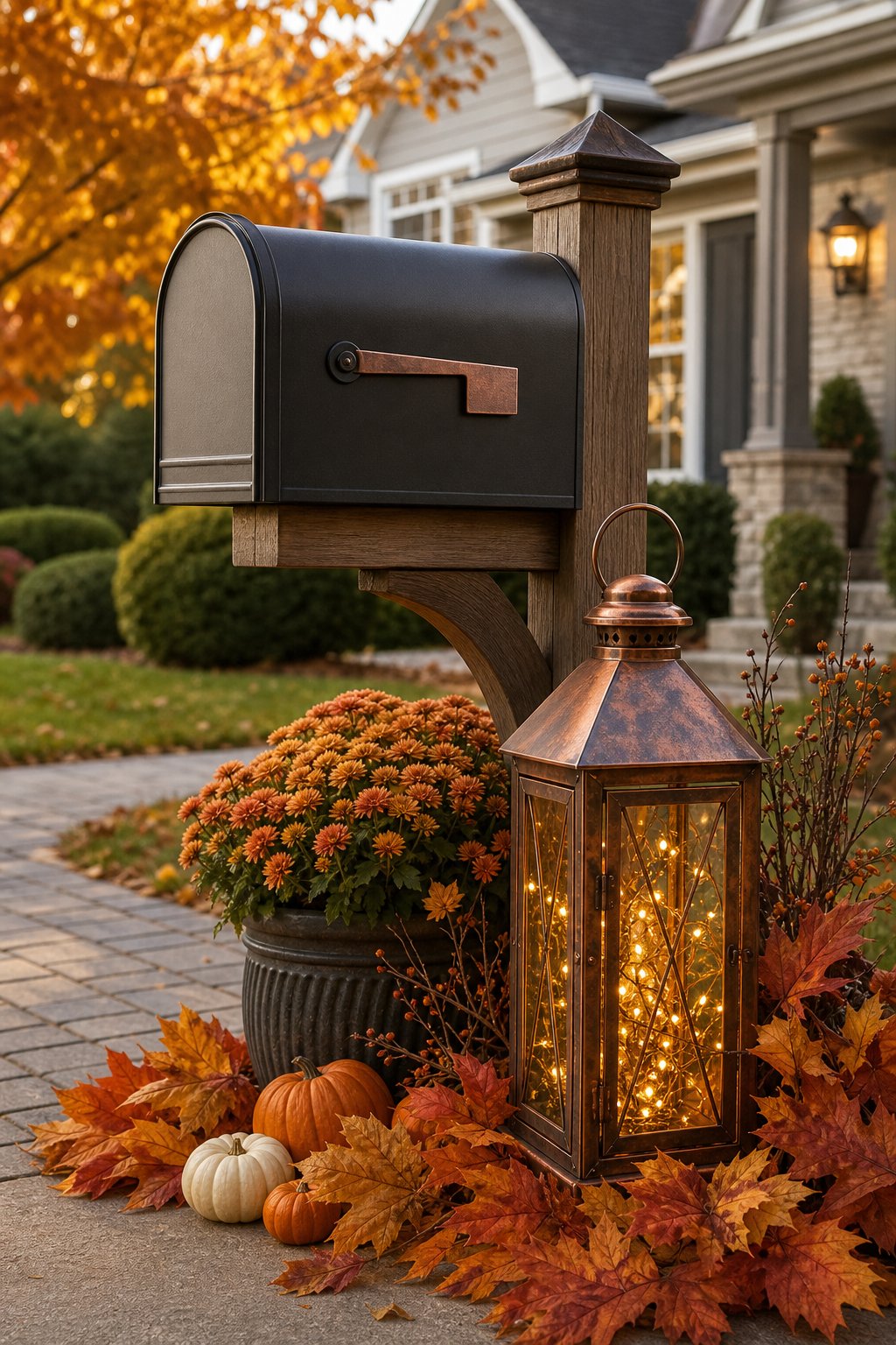 A copper lantern glowing with fairy lights decorates an autumn mailbox with pumpkins, mums, and fallen leaves.