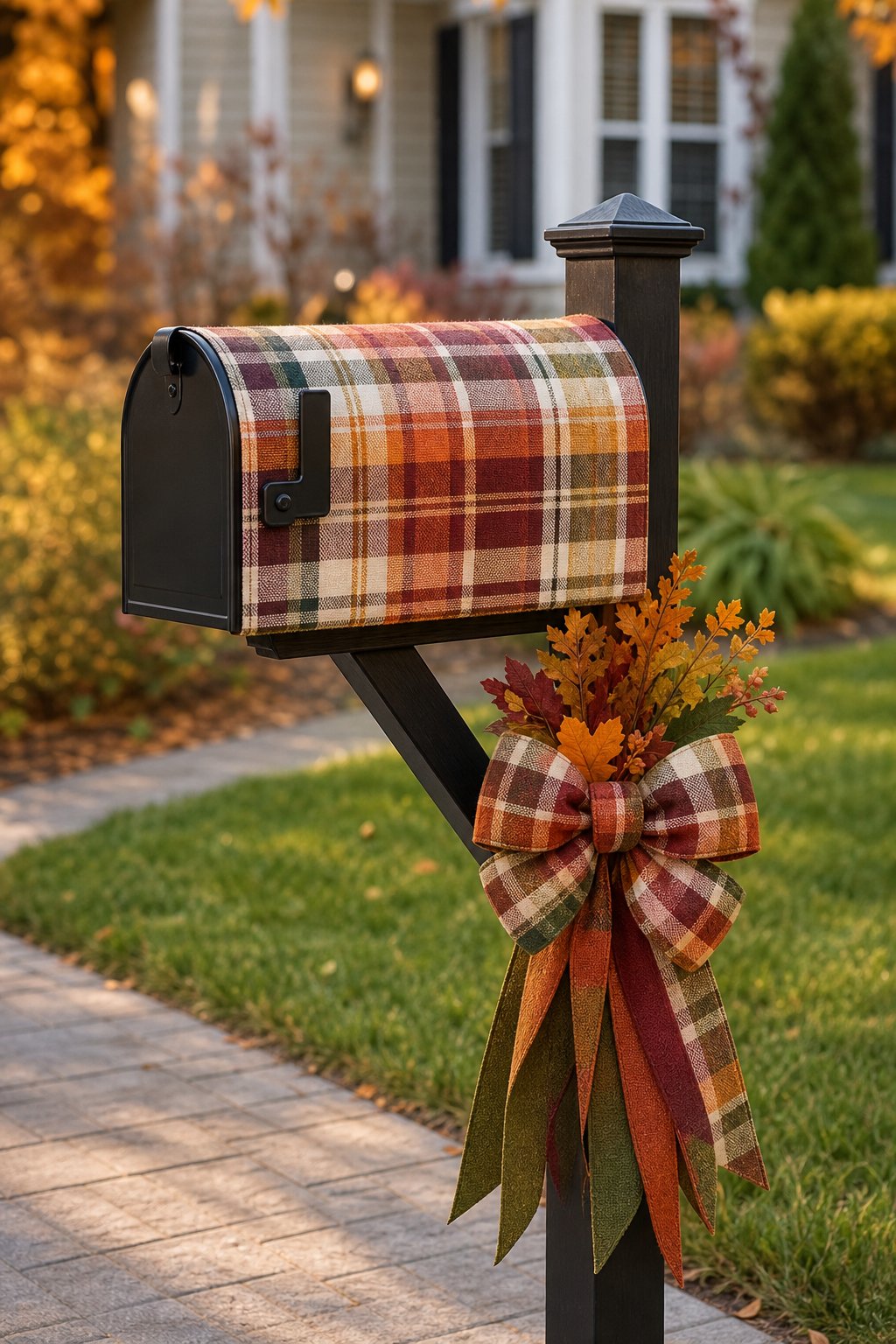 A suburban mailbox decorated with a fall plaid cover and a matching bow on its post.