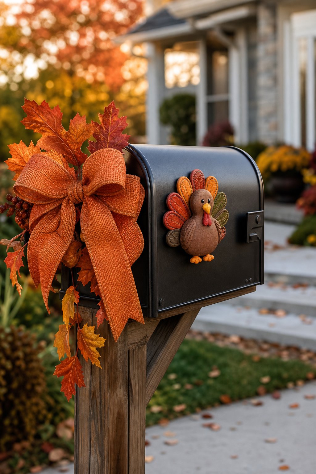 A residential mailbox decorated with a turkey magnet and a pumpkin-orange bow for Thanksgiving.