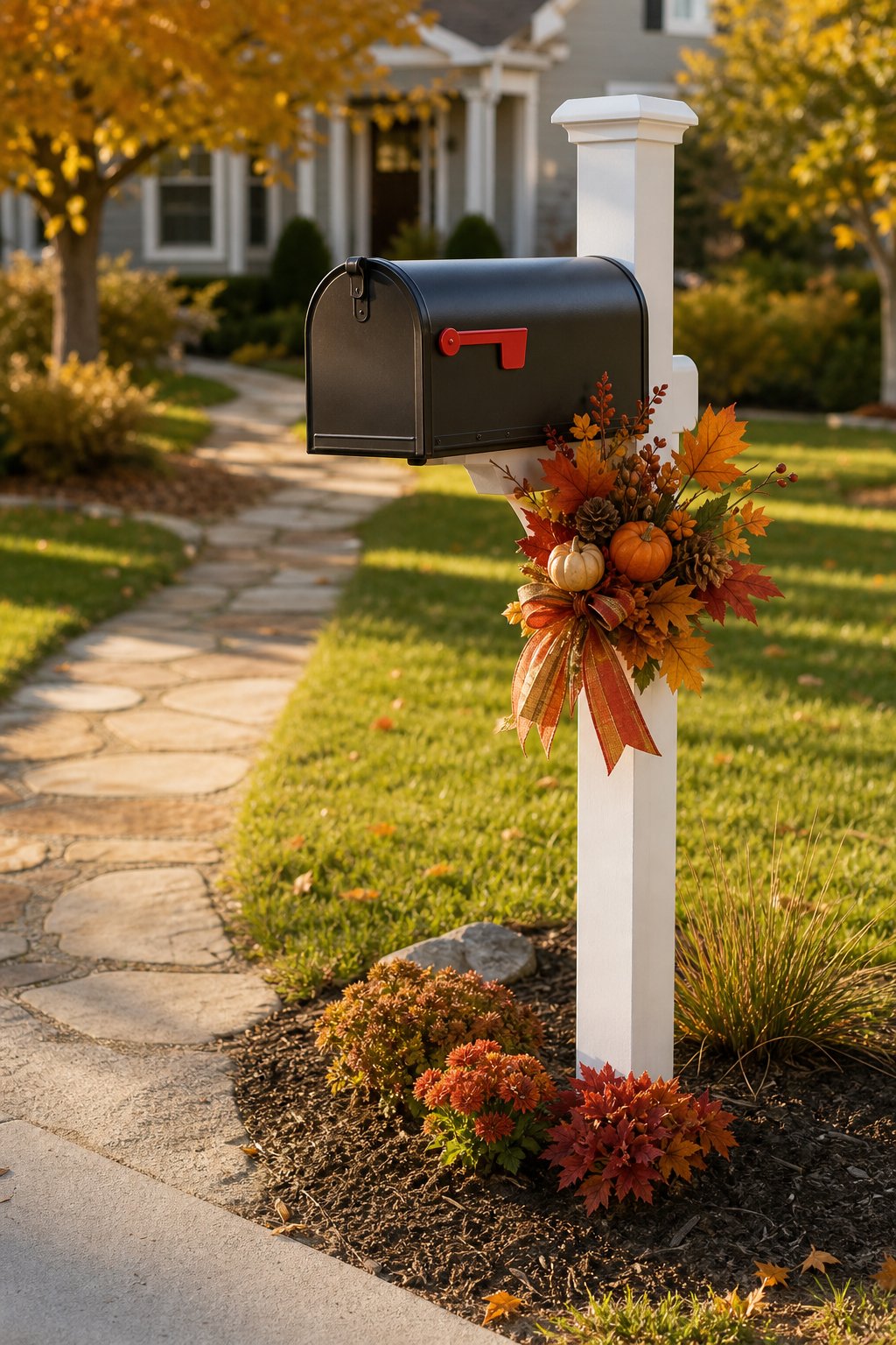 A fall-decorated suburban mailbox with clear access for mail delivery.
