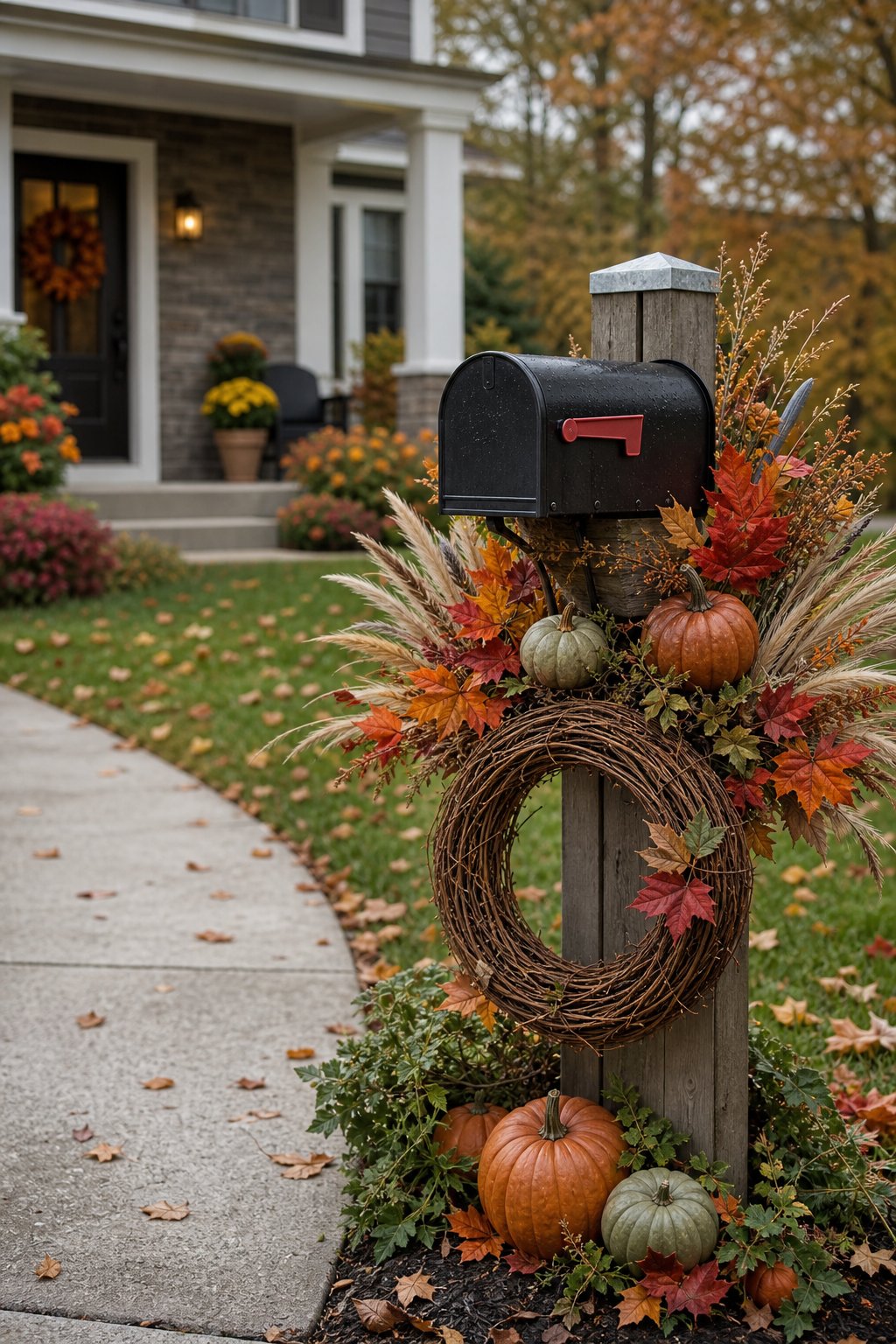 A decorated residential mailbox surrounded by durable autumn foliage, pumpkins, grasses, and fallen leaves.