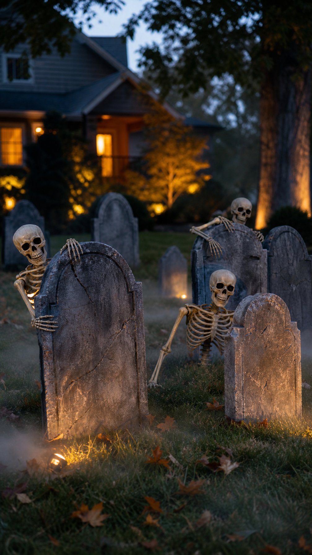A Halloween yard display with foam tombstones and skeletons arranged on a lawn at dusk.