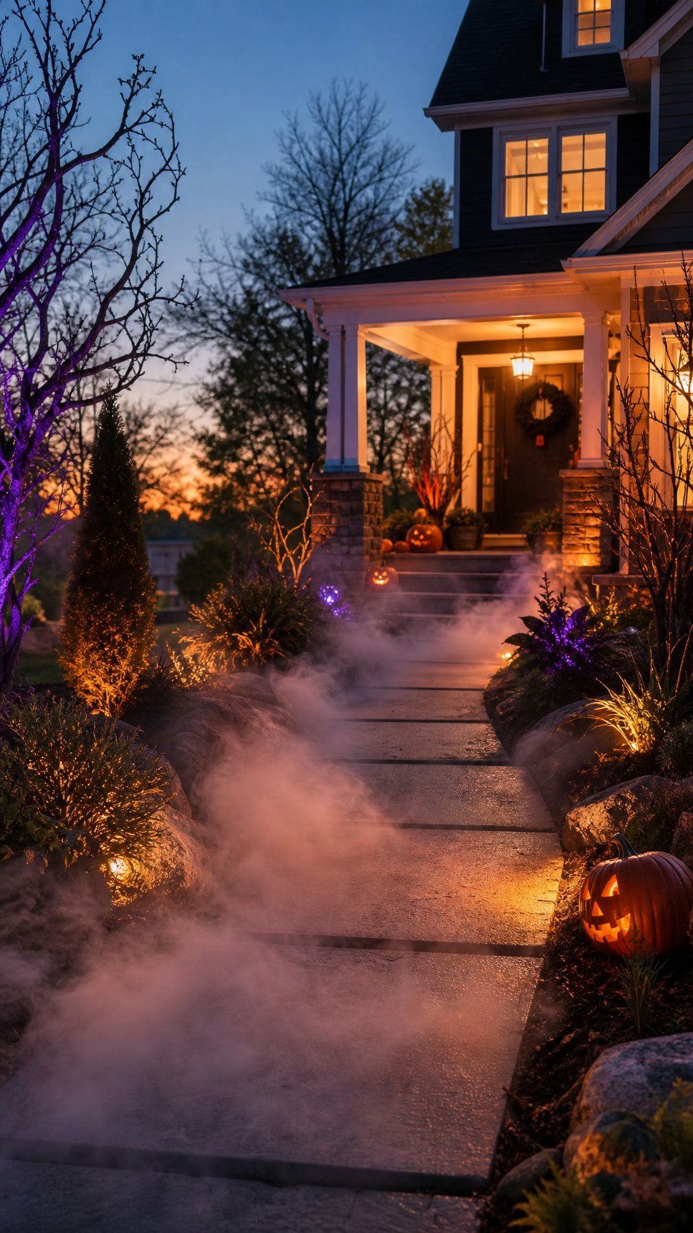 A fog-filled walkway leading to a warmly lit home entrance with pumpkins and subtle Halloween decorations.