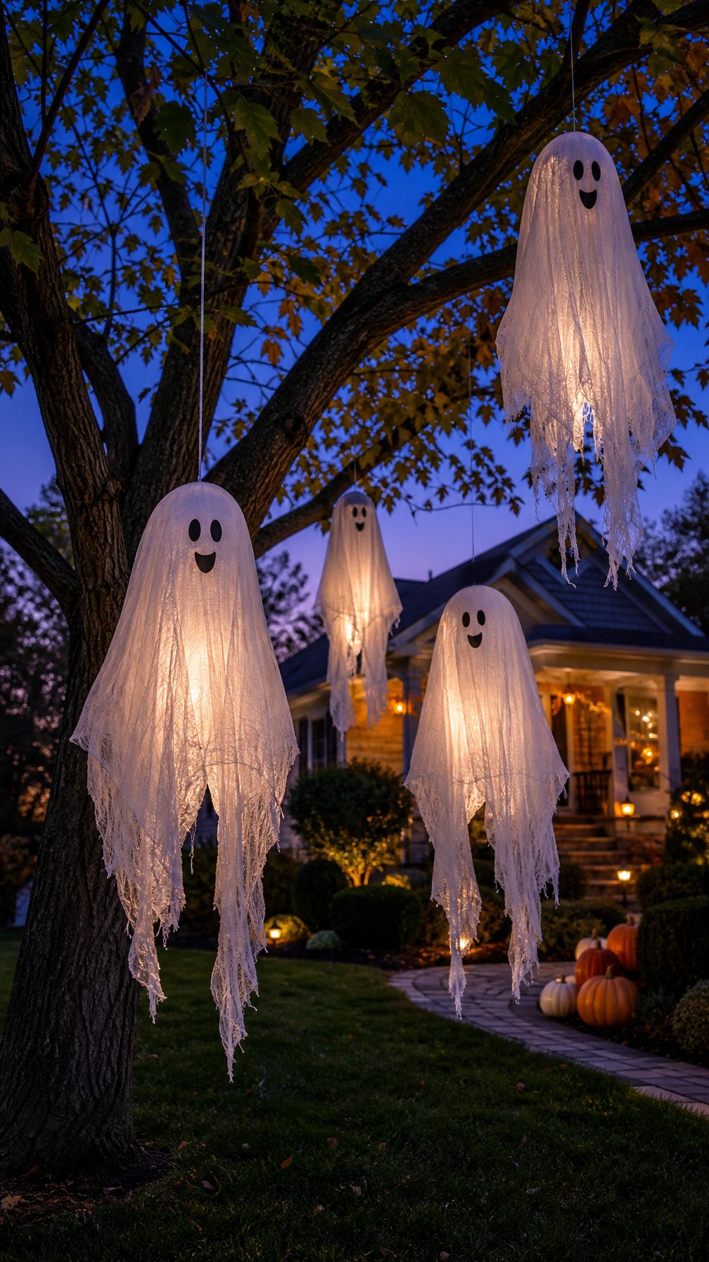 Cheesecloth ghost decorations hanging from tree branches in a Halloween-decorated yard at dusk.