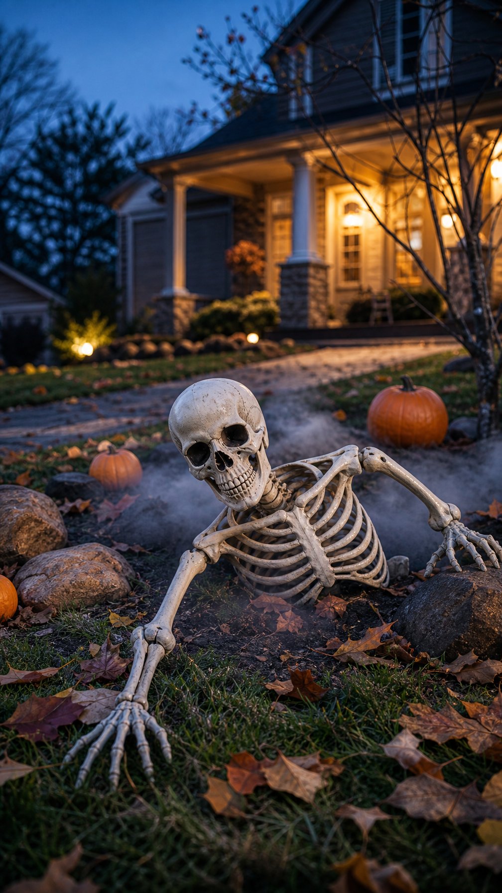 A life-size skeleton Halloween decoration stands on a suburban front lawn beside pumpkins and autumn leaves.