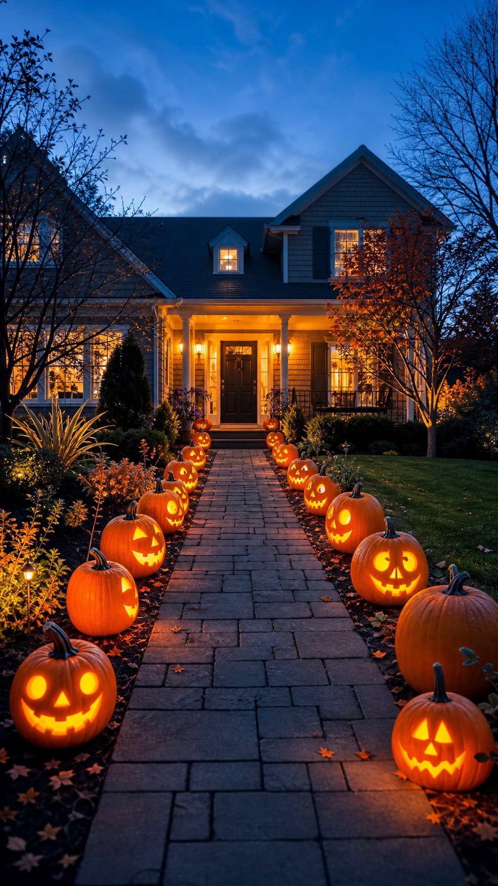 A walkway lined with glowing jack-o'-lanterns leads to a warmly lit home at dusk.