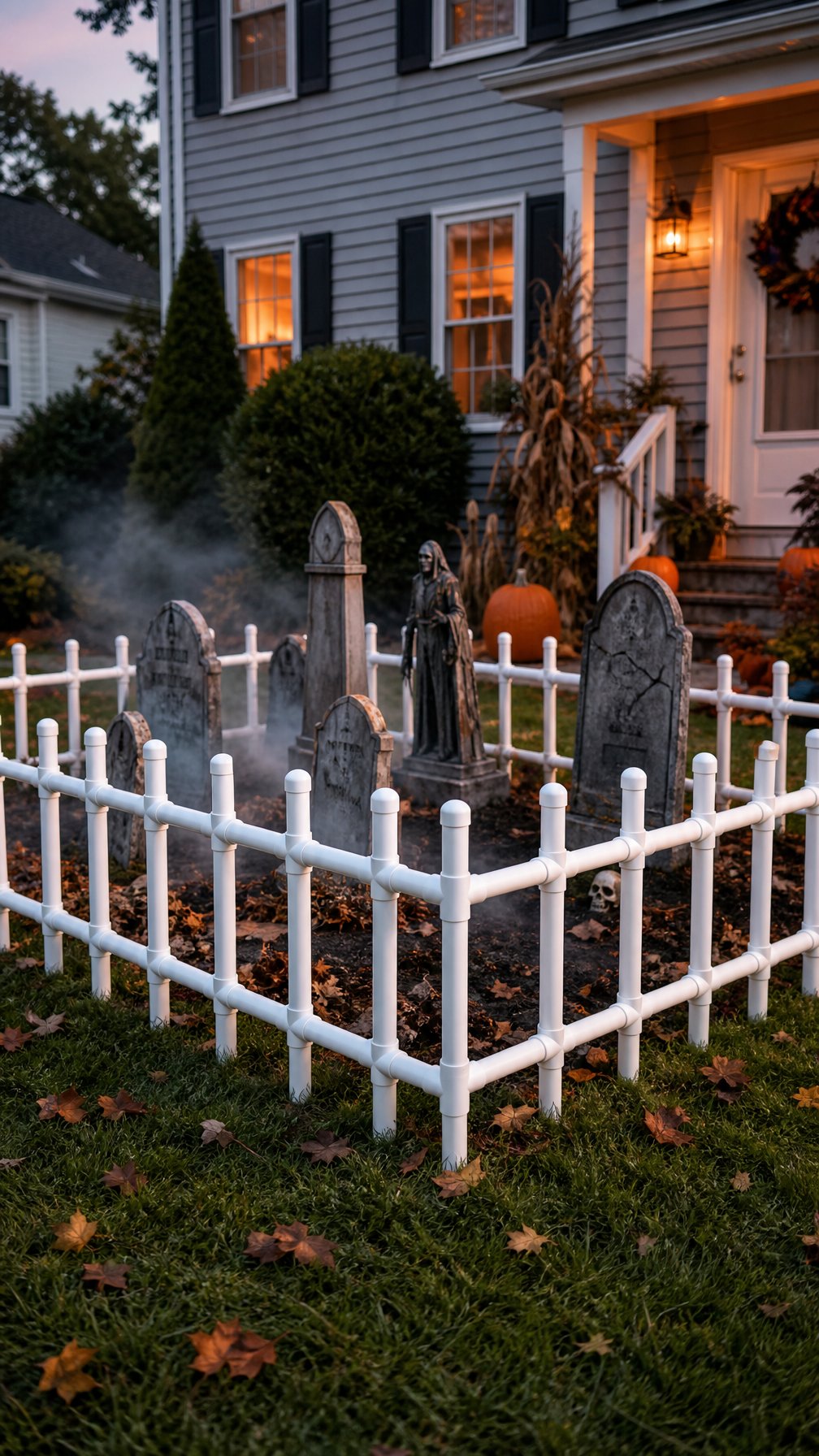 A white PVC pipe fence surrounds a small Halloween graveyard display in a suburban yard.