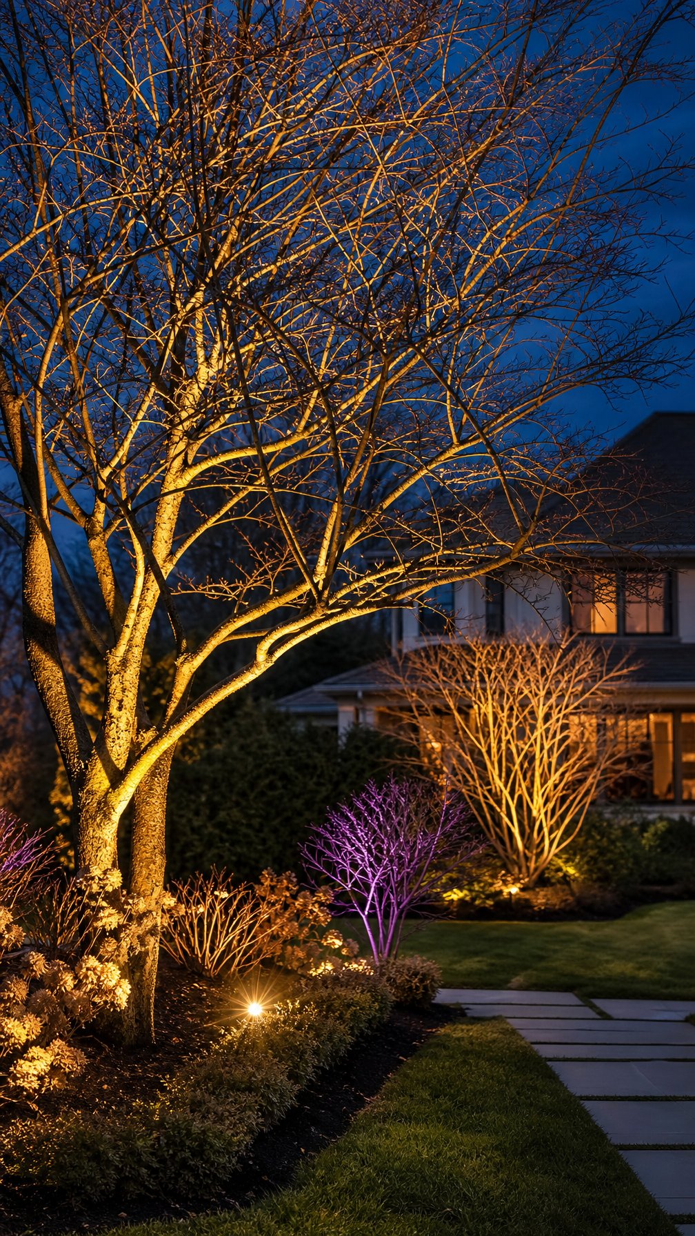 Bare trees and shrubs in a front yard illuminated by colorful LED spotlights at dusk.