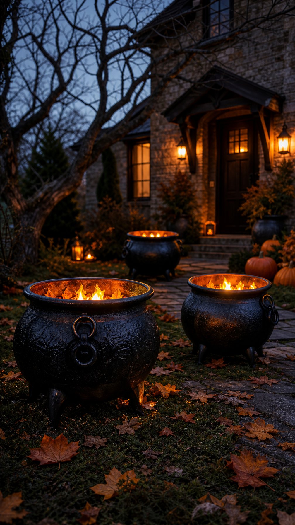 Glowing witch cauldrons illuminate a Halloween-decorated front yard at dusk.