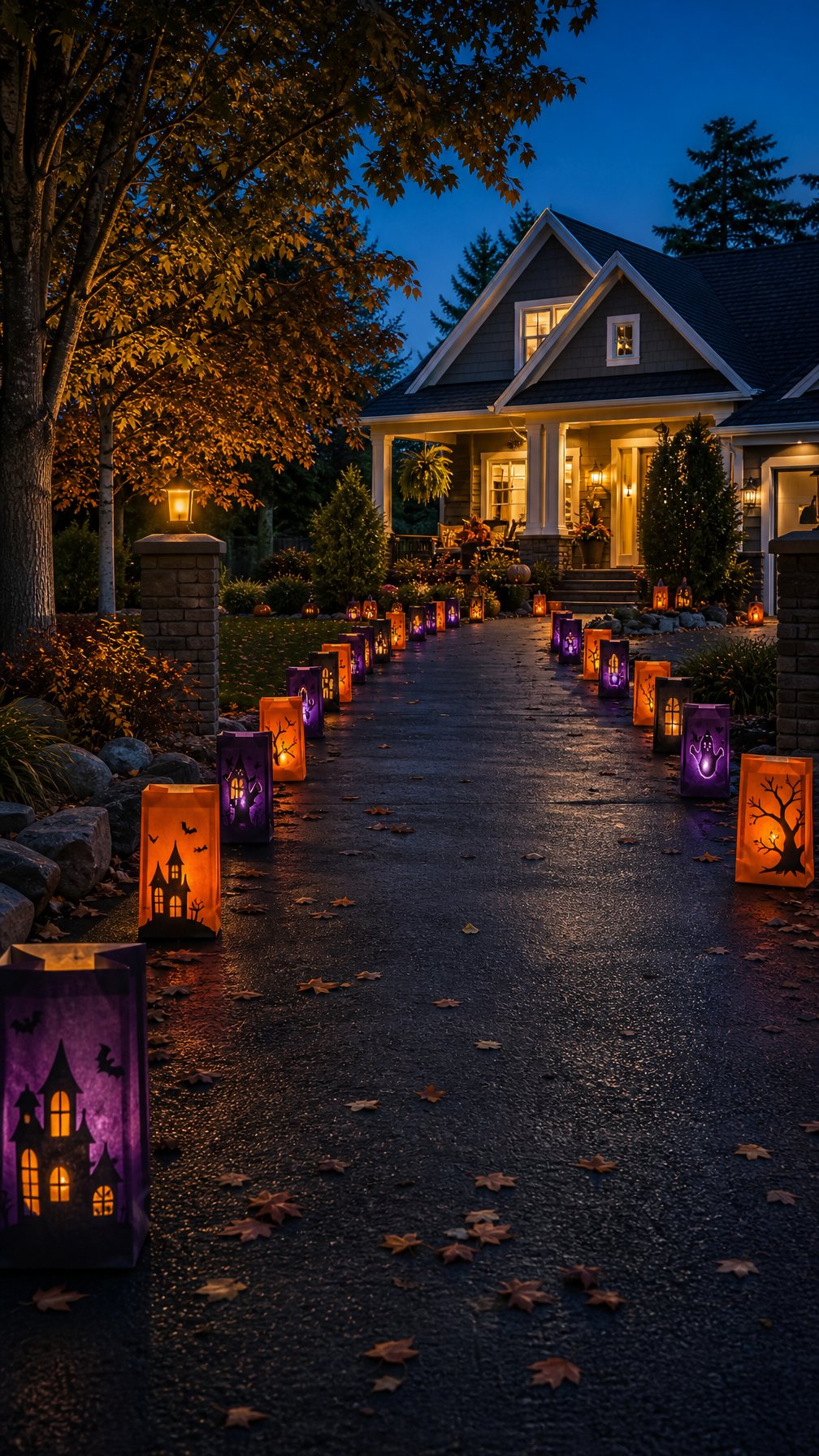 A suburban driveway lined with glowing Halloween lanterns leading toward a warmly lit home.