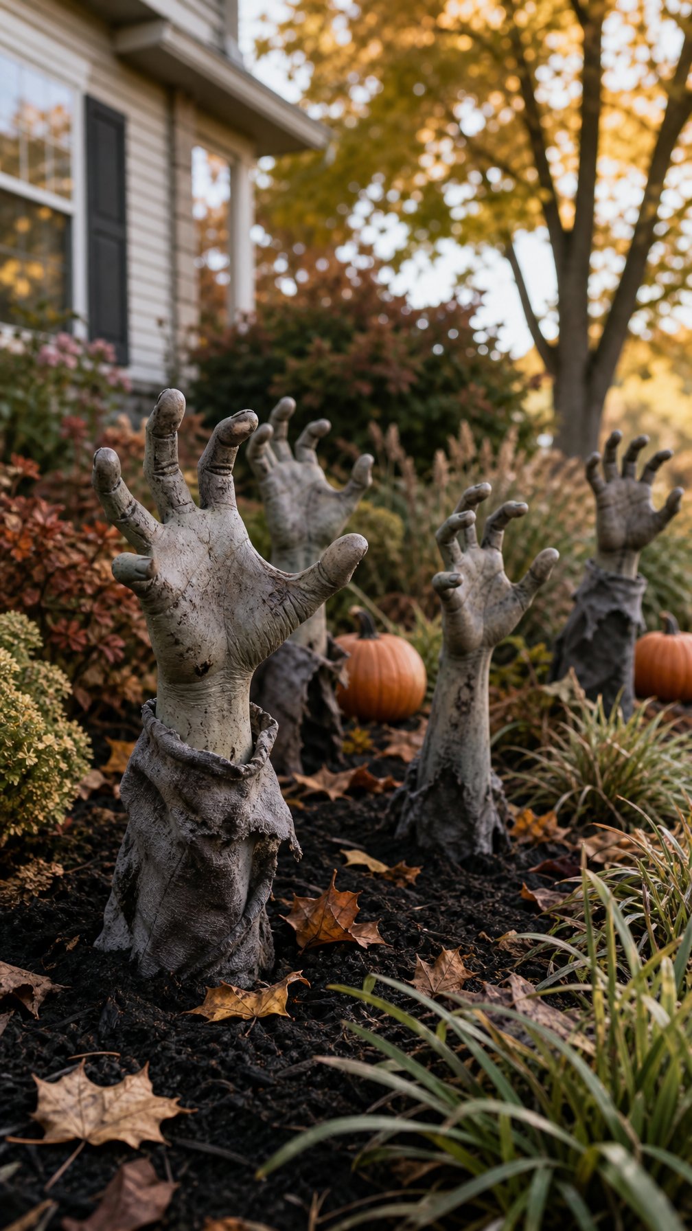 A Halloween garden bed decorated with zombie hands reaching out of the soil among pumpkins and autumn plants.