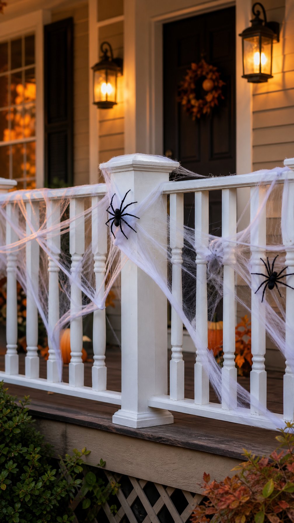 Halloween spider webs draped across the railings of a warmly lit front porch.