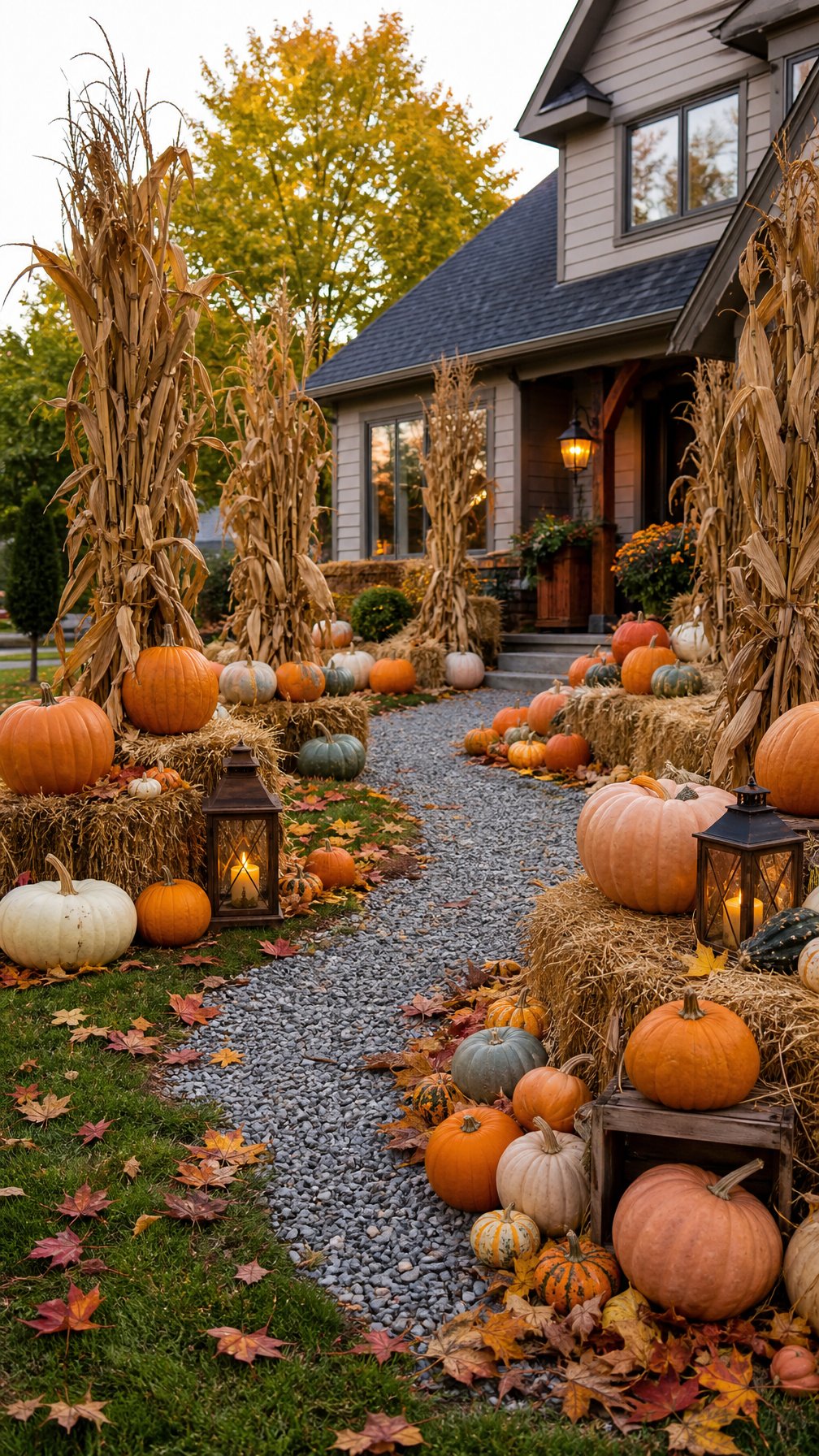 A Halloween pumpkin patch with corn stalks, hay bales, gourds, and lanterns in a suburban yard.