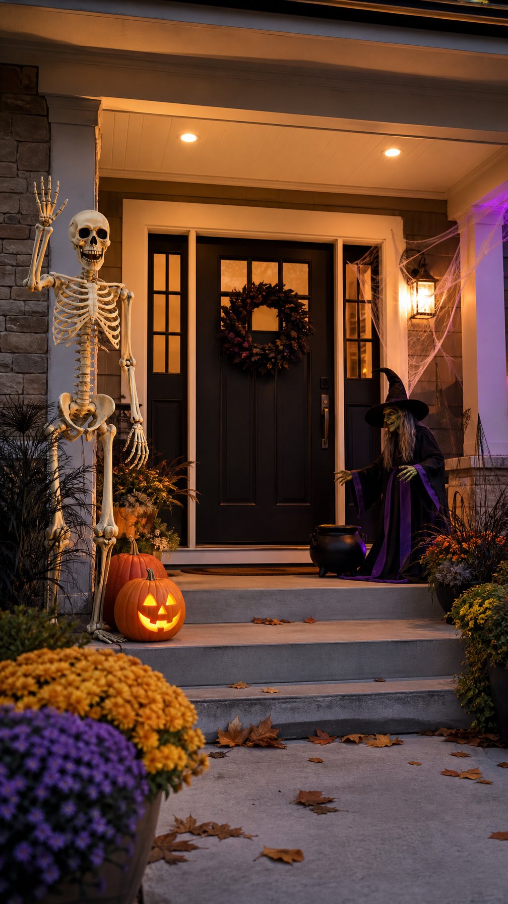 A suburban front entrance decorated with animated Halloween props, glowing pumpkins, and autumn accents.