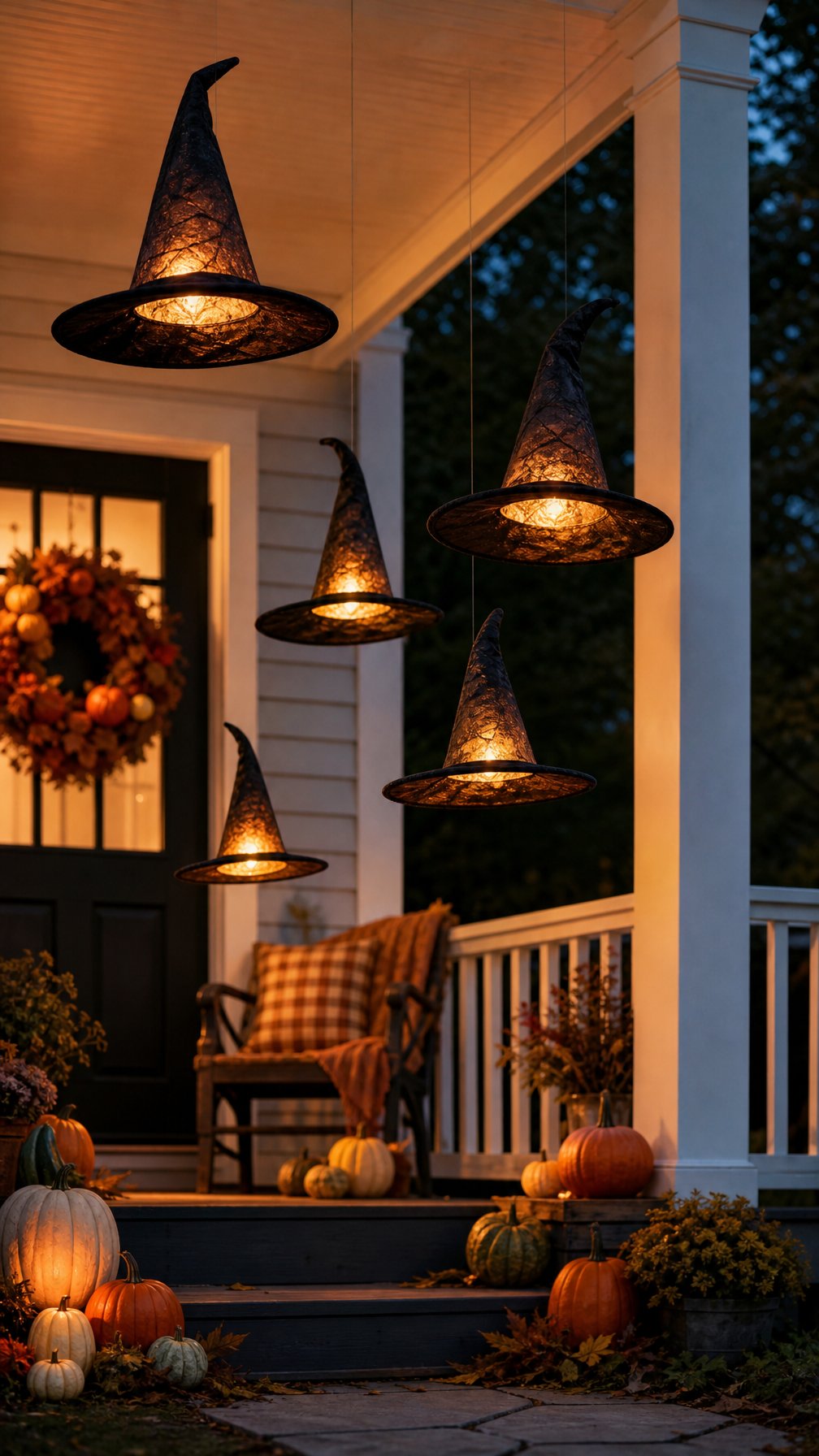A porch decorated with glowing black witch hats floating above the entrance at dusk.