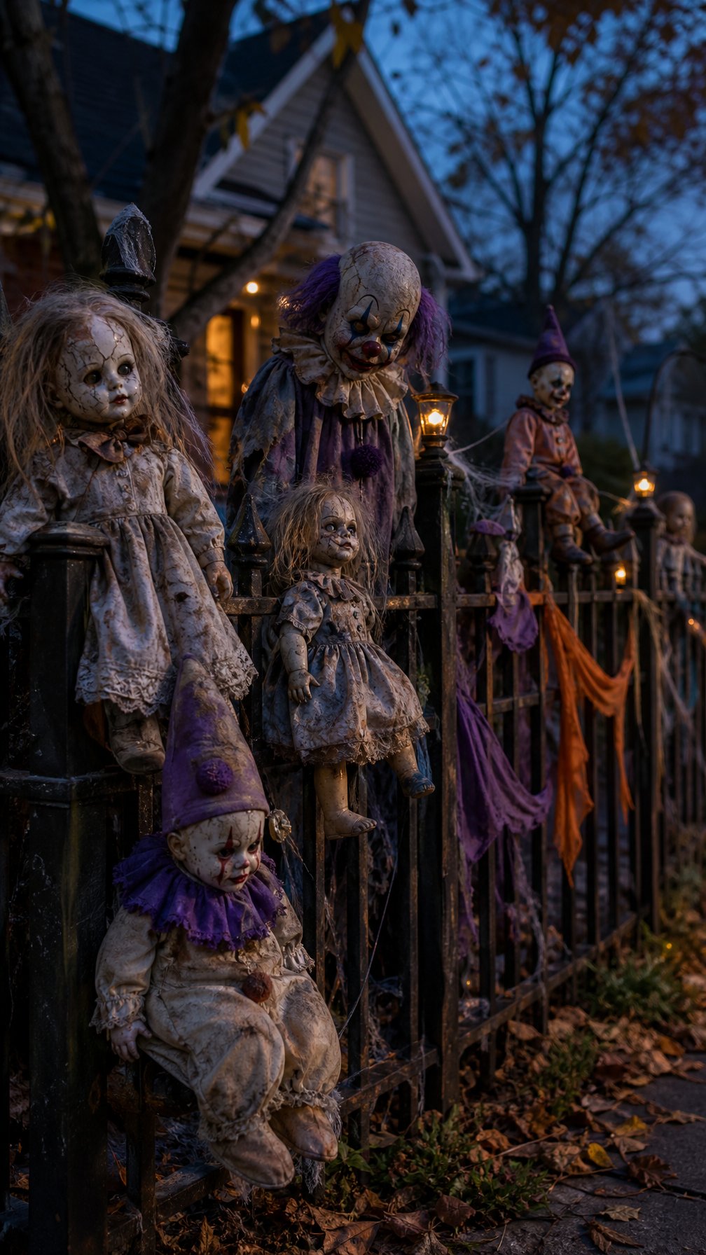 Creepy dolls and clown props arranged along a Halloween-decorated yard fence.