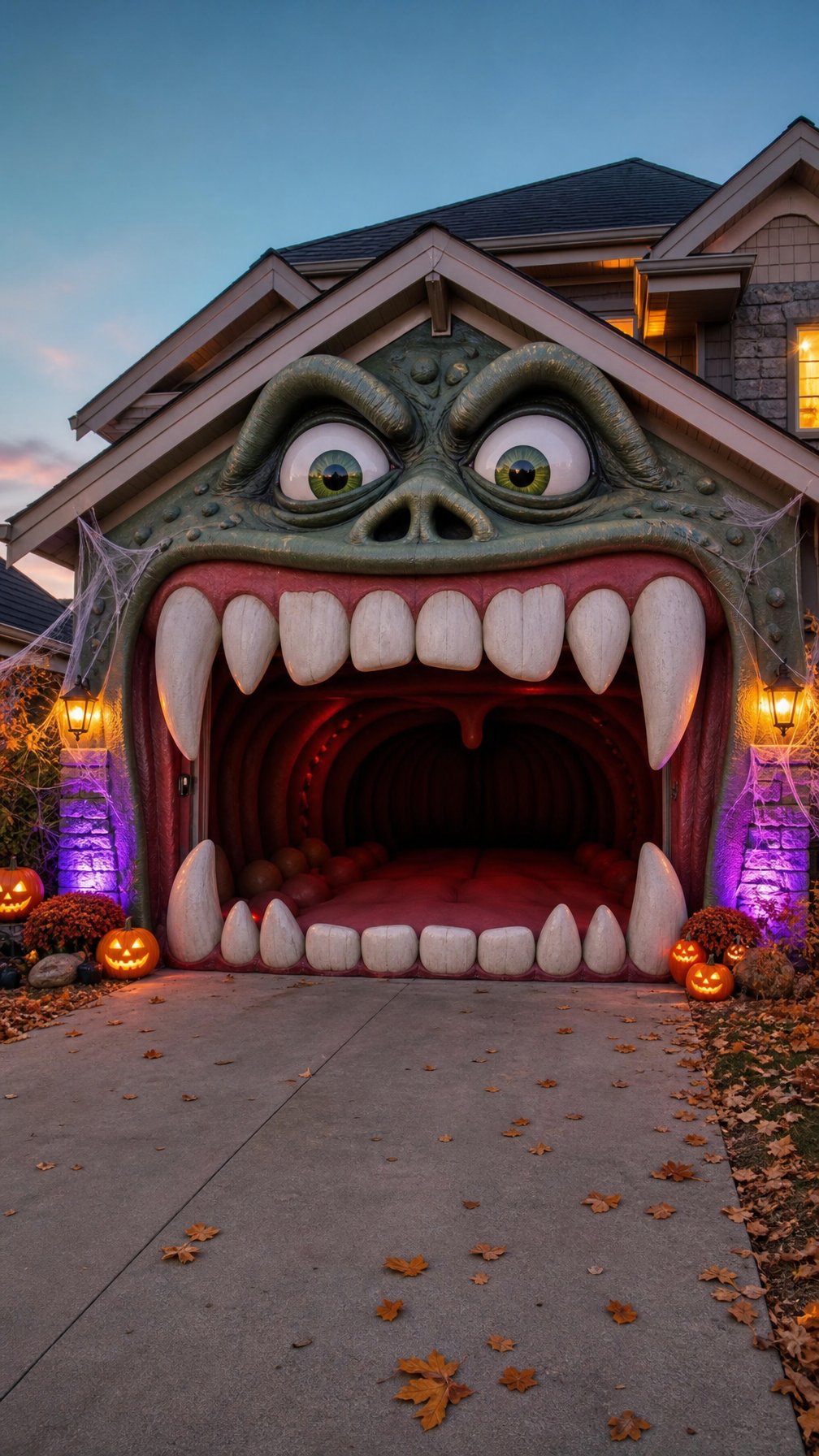 A suburban garage decorated as a friendly monster mouth for Halloween.