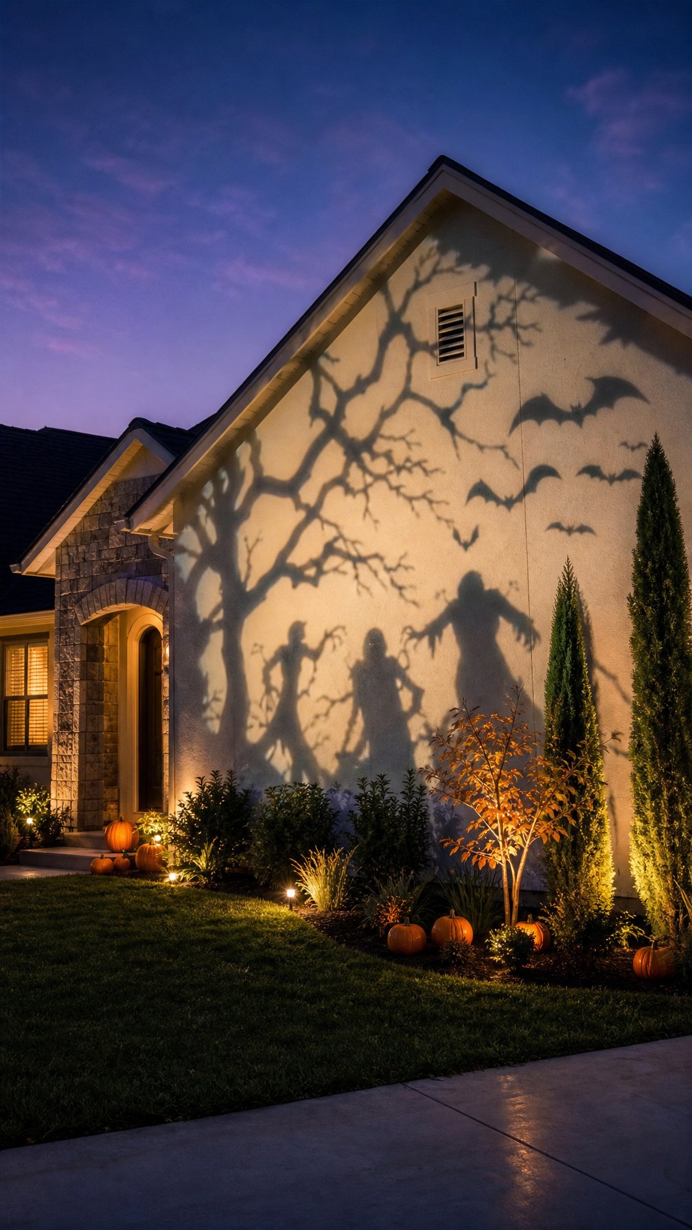 Halloween-themed shadows of bats, branches, and spooky figures projected onto a house wall.