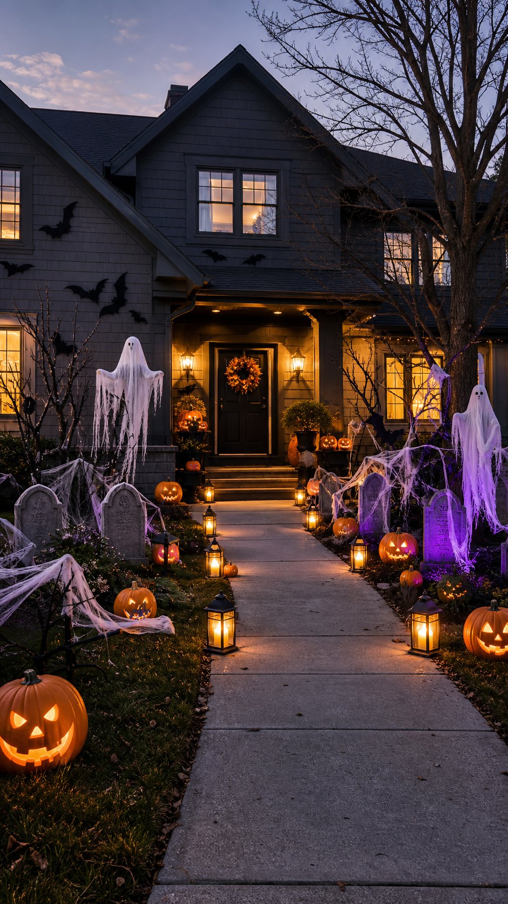 A coordinated Halloween-decorated front yard with pumpkins, lanterns, cobwebs, bats, and gravestones outside a suburban home at dusk.