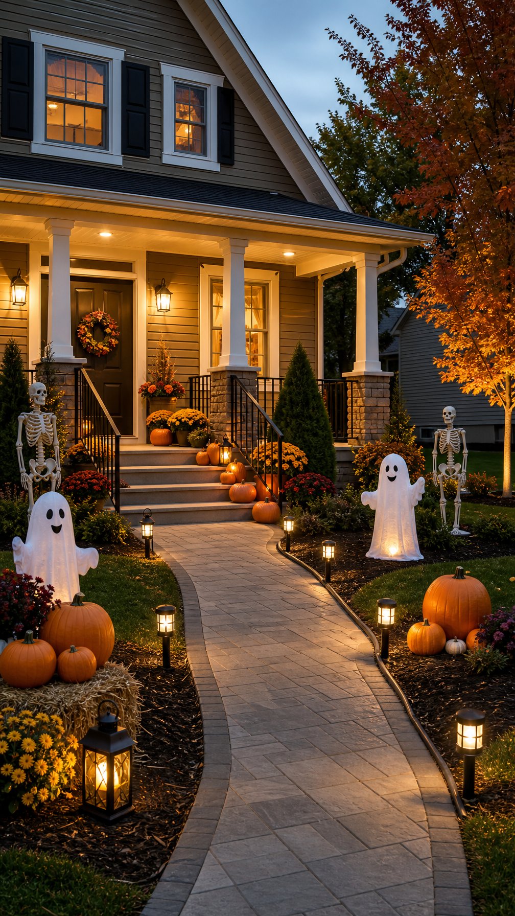 A well-lit suburban yard with safely arranged Halloween decorations, clear walkways, pumpkins, lanterns, and anchored seasonal figures.