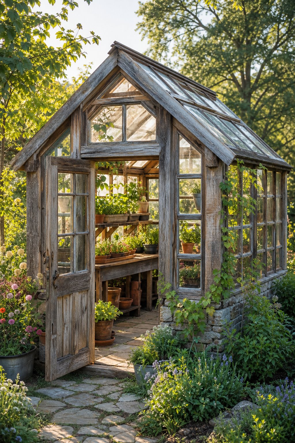A rustic reclaimed-wood greenhouse with salvaged glass windows surrounded by a lush garden.